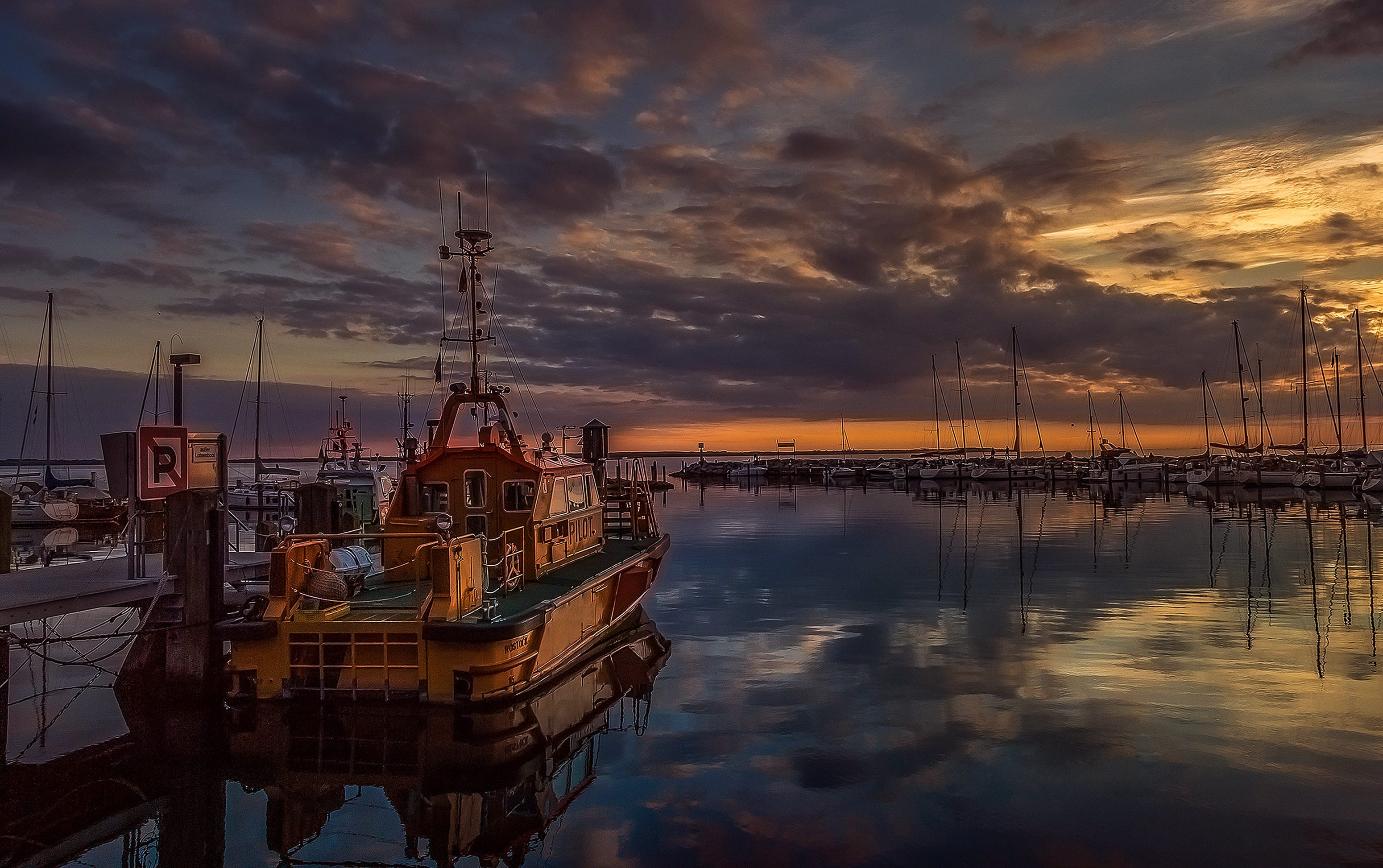 maritime, coast, boat, waterfront, seafaring, outdoors, pilot boat, orange color, nautical vessel, marina, baltic sea, ship traffic, sun, dusk, fisherman, HD Wallpaper
