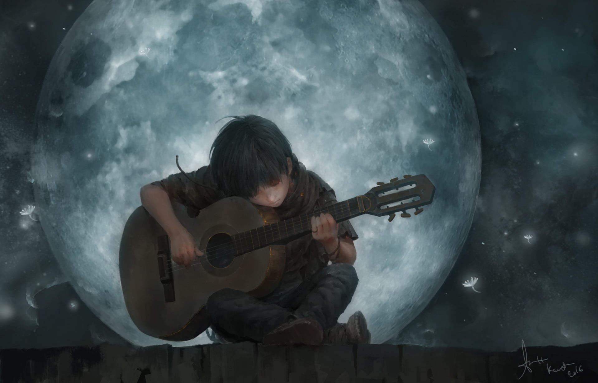  men, The Song Of The Moon, digital, guy, skill, lifestyles, music, stage, mood, leisure activity, the moon, musician, artist, guitar, 1080P, HD Wallpaper