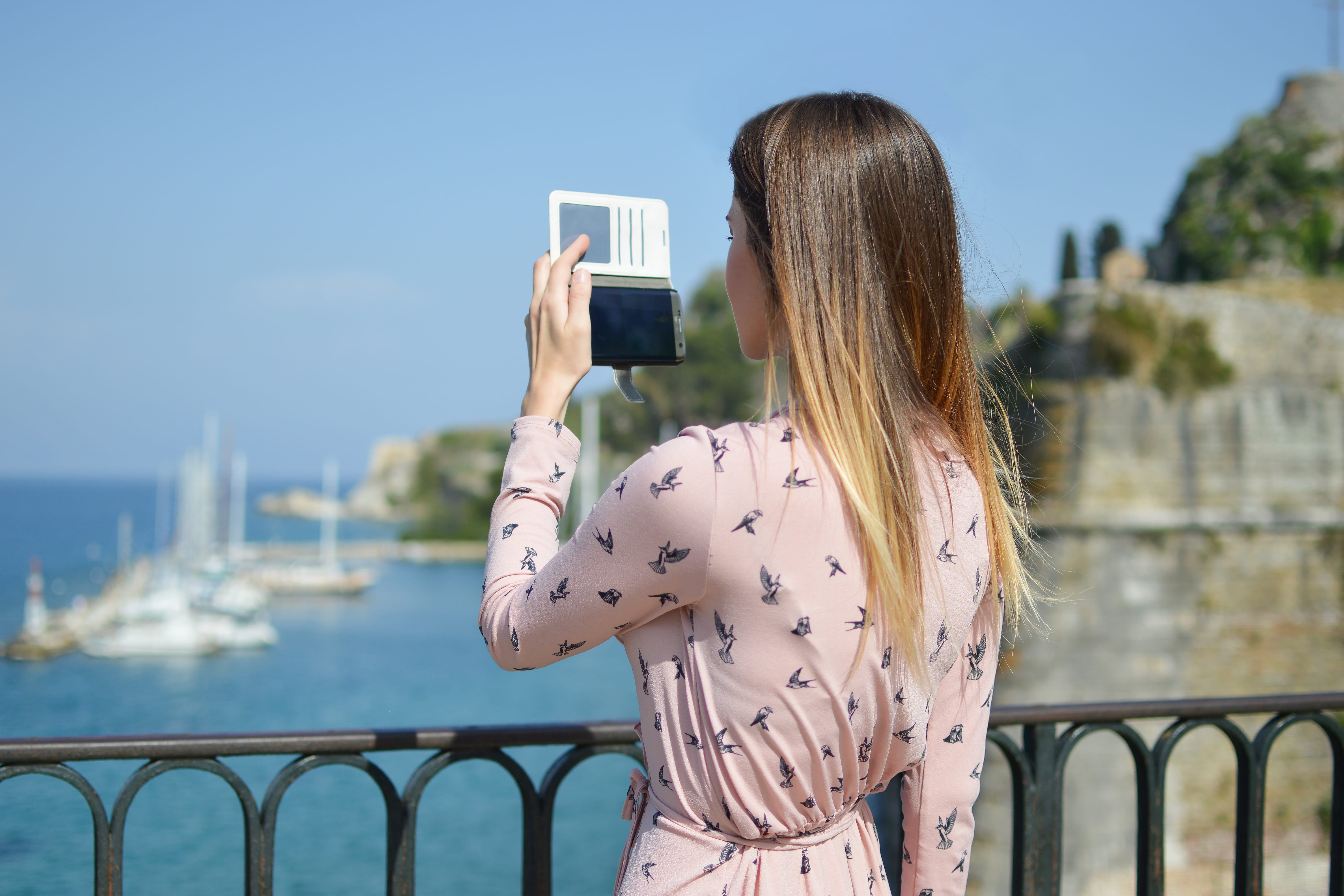 city, lady, long hair, nature, railing, near, lifestyles, women, 5K, ship, smart phone, focus on foreground, one person, sky, portable information device, HD Wallpaper