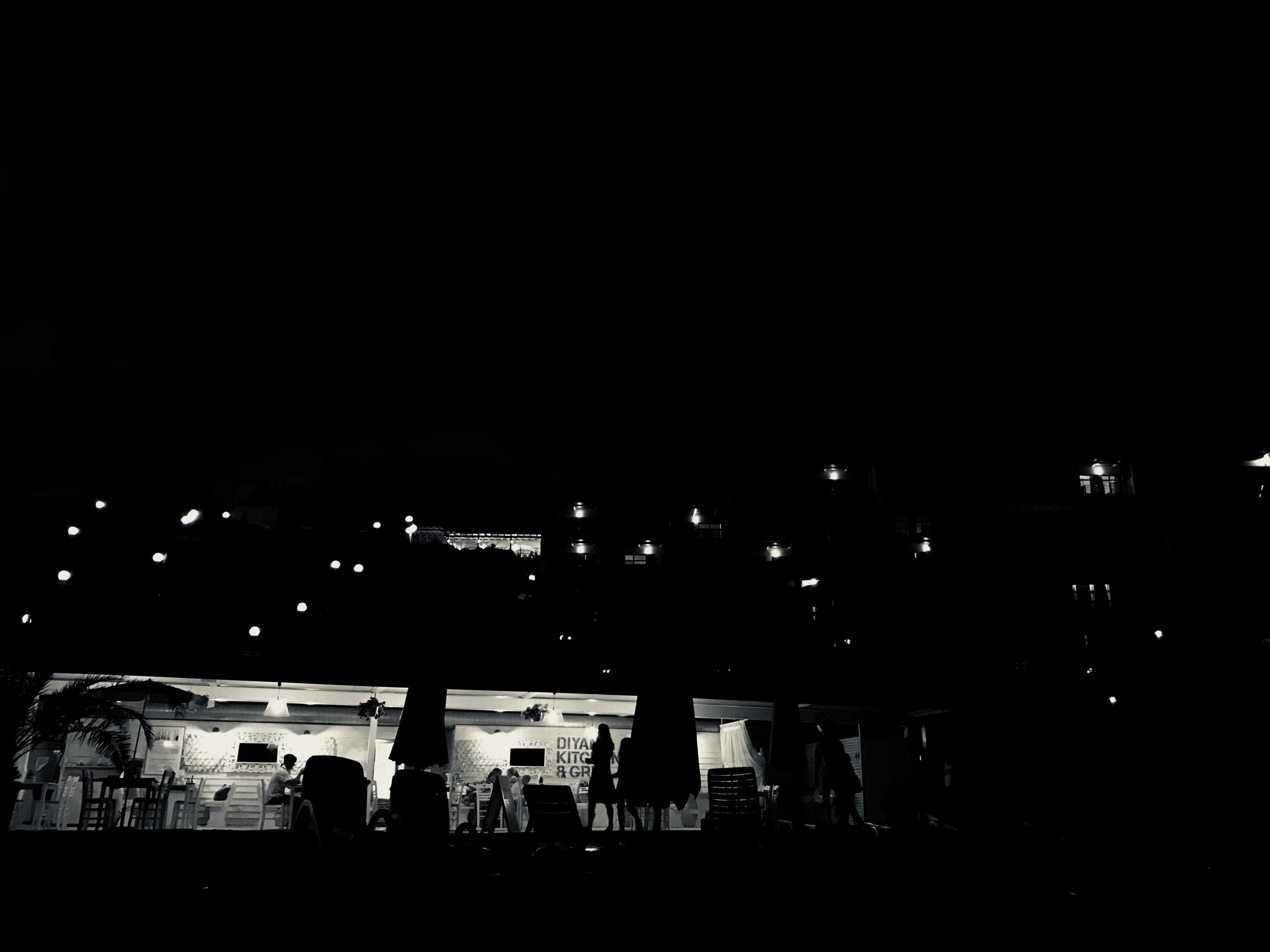 outdoors, architecture, sidewalk, restaurant, incidental people, building, lighting equipment, nightlife, dark, buildings, street, building exterior, light, HD Wallpaper