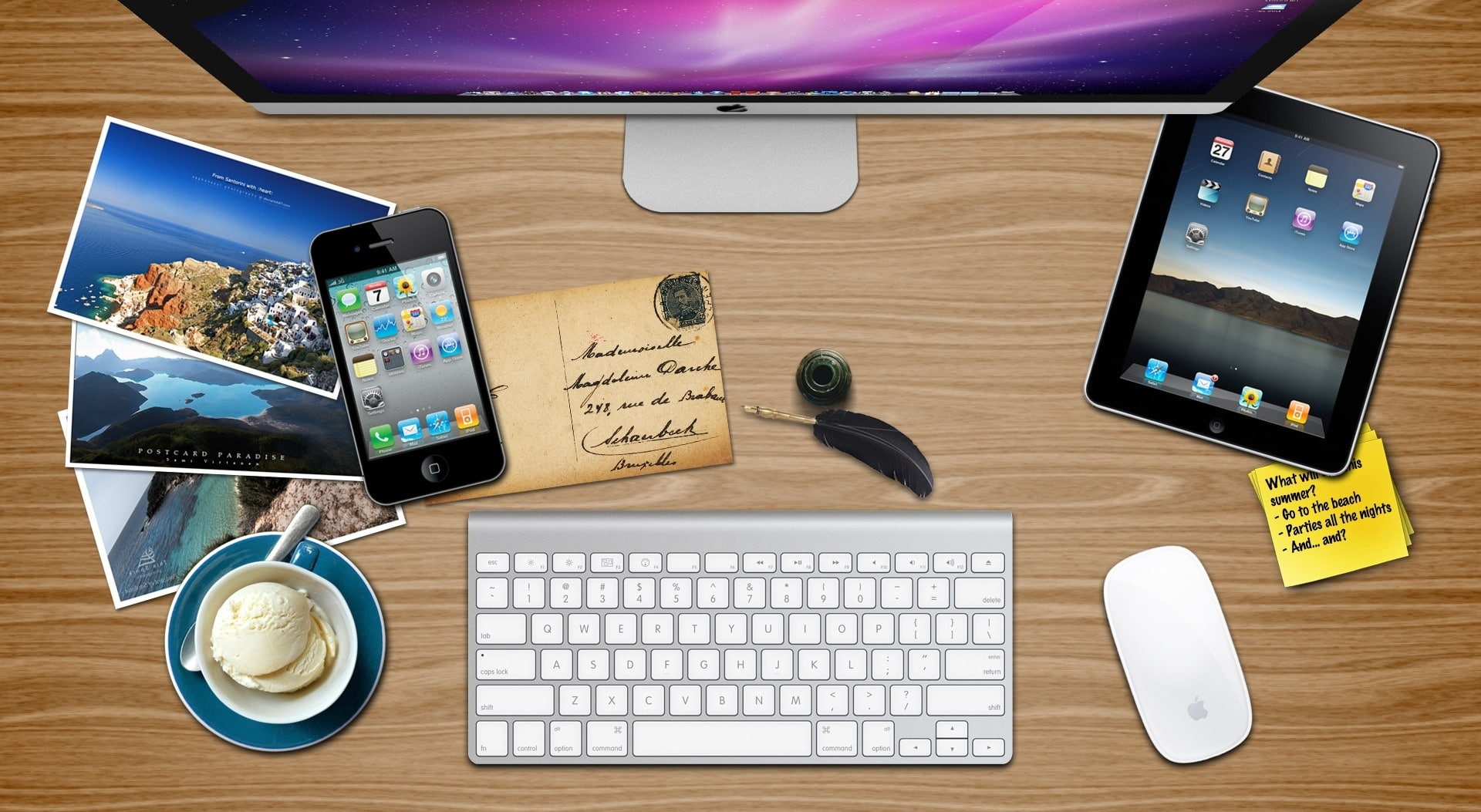 apple desk, indoors, communication, computer equipment, mobile phone, computer keyboard, no people, 1080P, table, Hardware, Apple, desk, technology, smart phone, HD Wallpaper