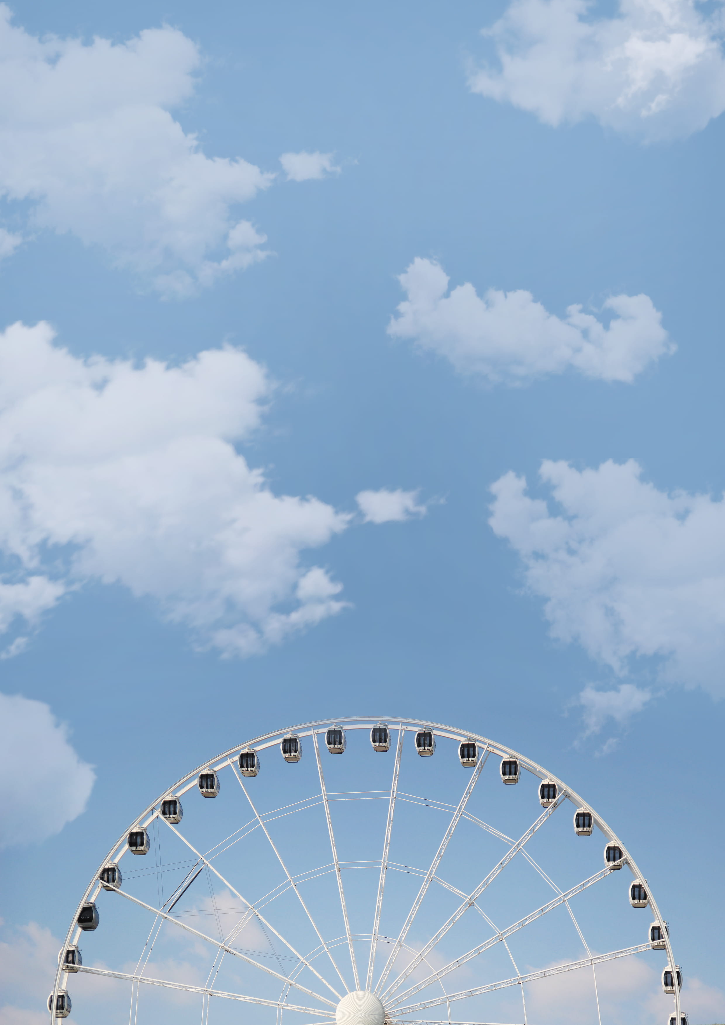 white color, arts culture and entertainment, 2K, low angle view, summer, circle, fairground, nature, geometric shape, blue sky, wheel, outdoors, roller coaster, Phone HD Wallpaper