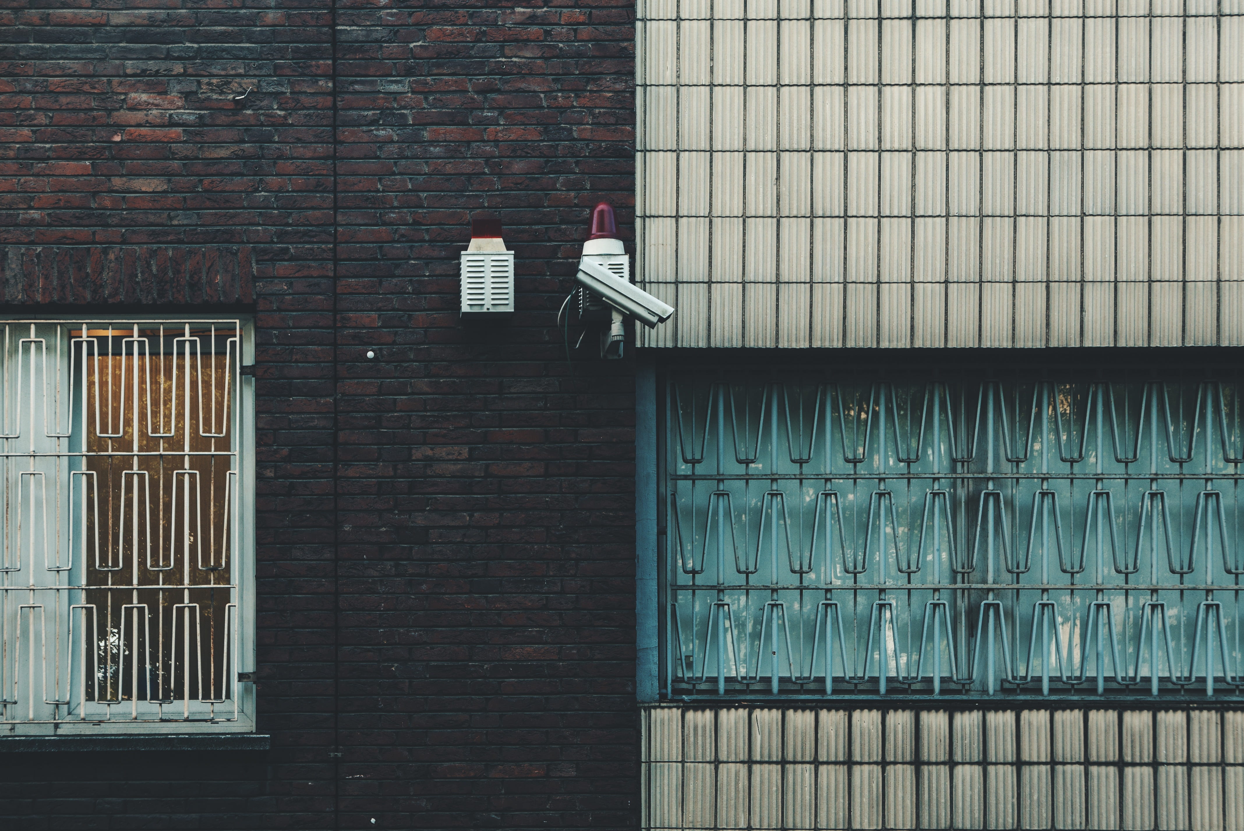 window, security, wall - building feature, low angle view, cctv, corrugated, camera, metal, 4K, wall, no people, building exterior, protection, infrastructure, HD Wallpaper