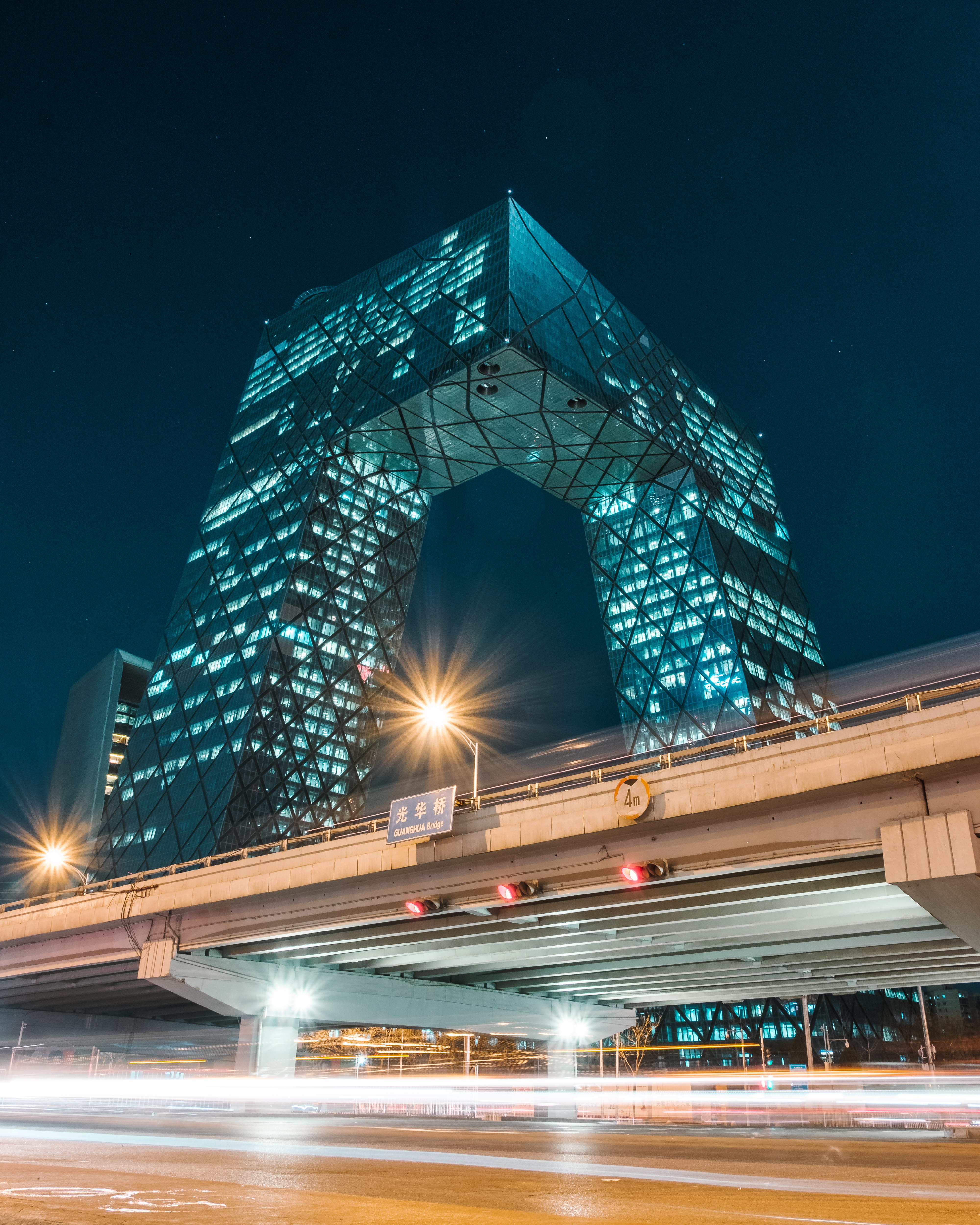 daytime, cctv headquarters, long exposure, street, outdoors, traffic, 4K, fuji, cctv, bridge, illuminated, no people, modern, motion, night, night photography, Phone HD Wallpaper