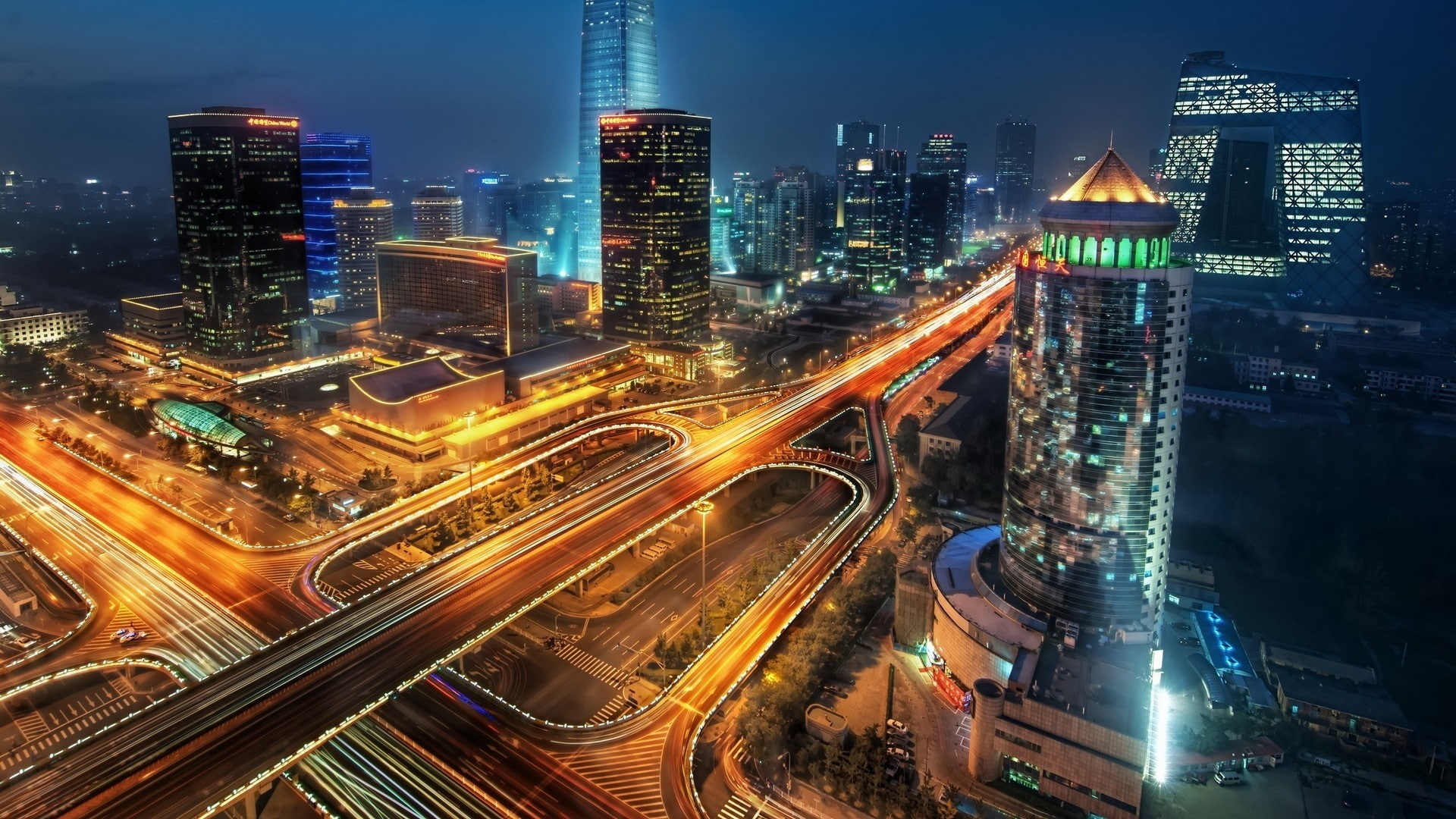Sky, office building exterior, Skyscrapers, transportation, motion, outdoors, light trail, skyscraper, night, street, building, city life, building exterior, HD Wallpaper