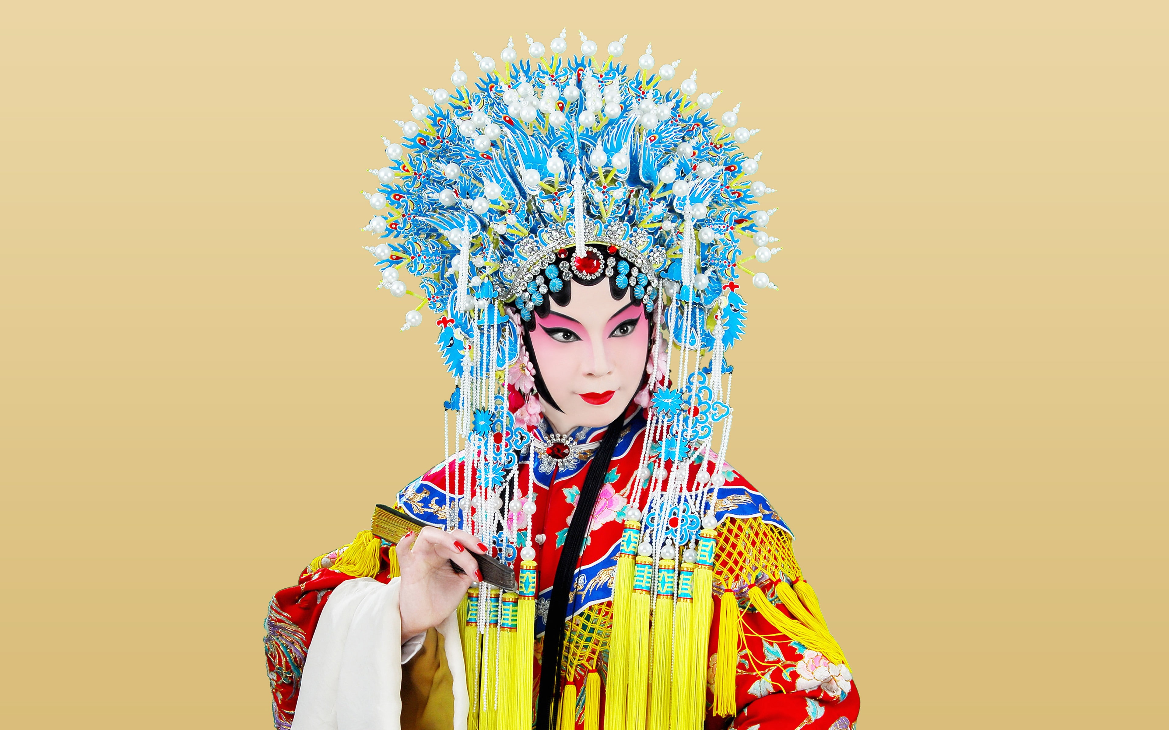 portrait, women, clothing, guifei, multi colored, young adult, yellow background, headdress, front view, colored background, adult, china, character, traditional clothing, HD Wallpaper