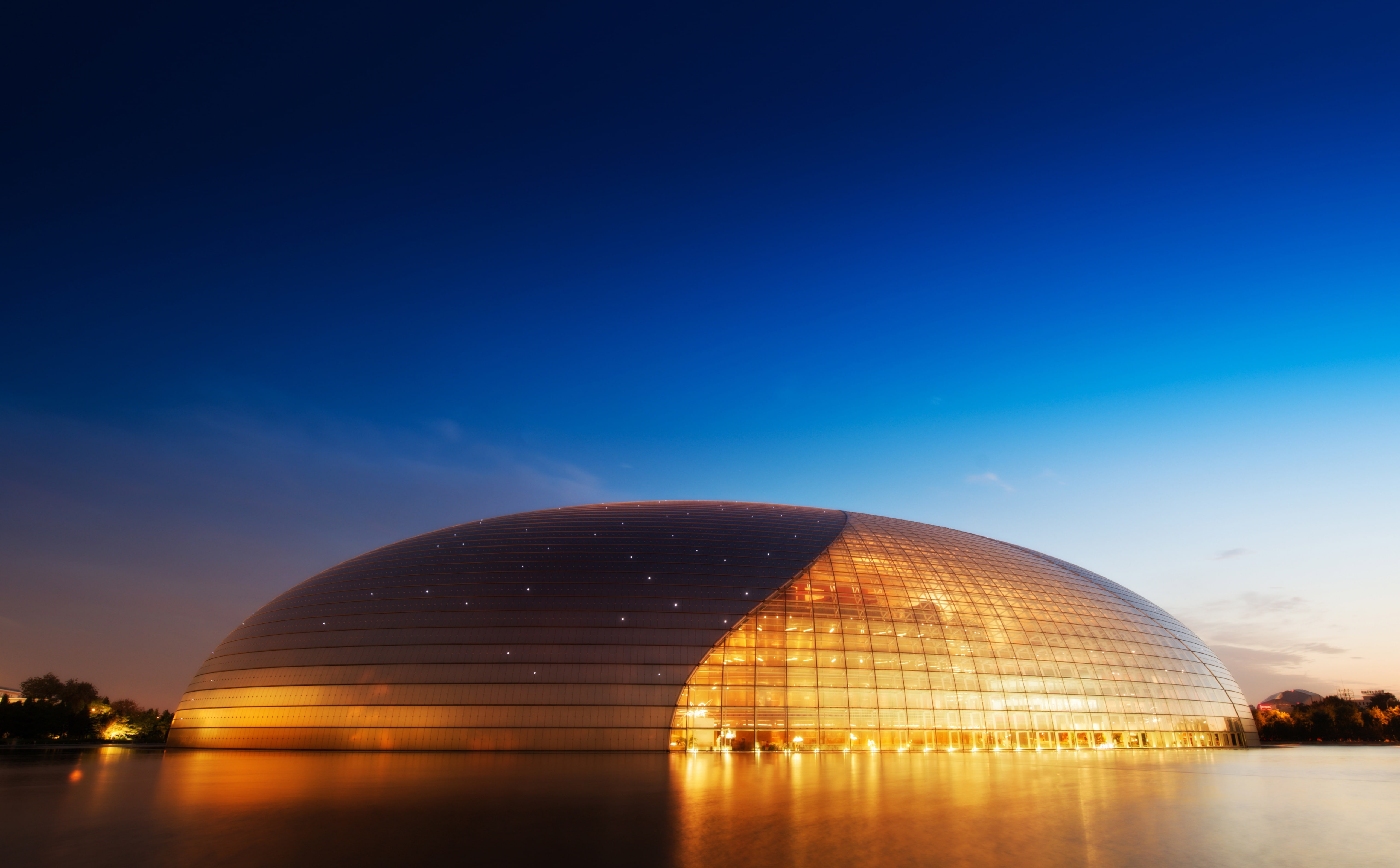 dome, water, opera, nightlife, illuminated, reflection, yellow, built structure, copy space, no people, city, landmark, building exterior, sky, night, 5K, HD Wallpaper