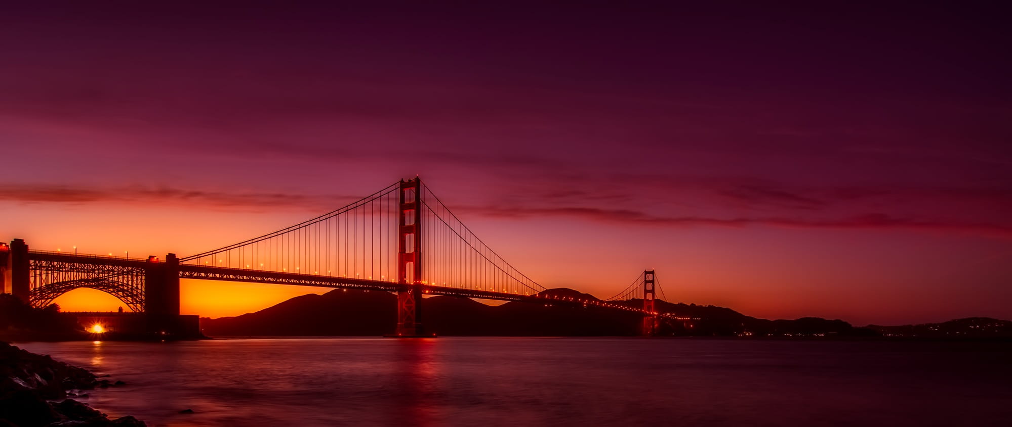 connection, sunrise, Panorama, harbor, san, francisco, sunset, illuminated, clouds, water, city, sky, bridge, built structure, dramatic sky, san francisco, HD Wallpaper