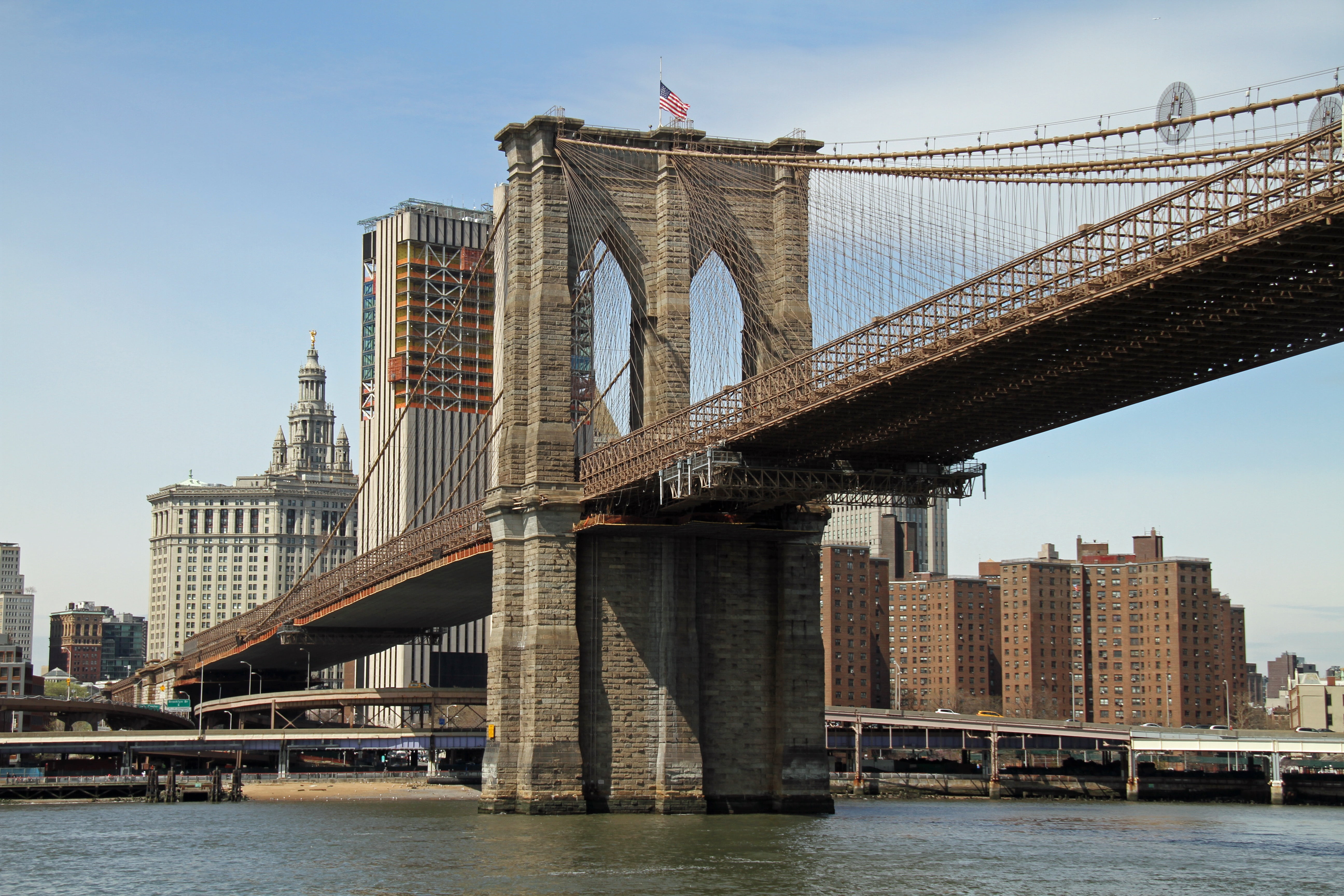 built structure, travel destinations, manhattan Bridge, city, east River, water, engineering, suspension bridge, downtown District, skyscraper, connection, HD Wallpaper