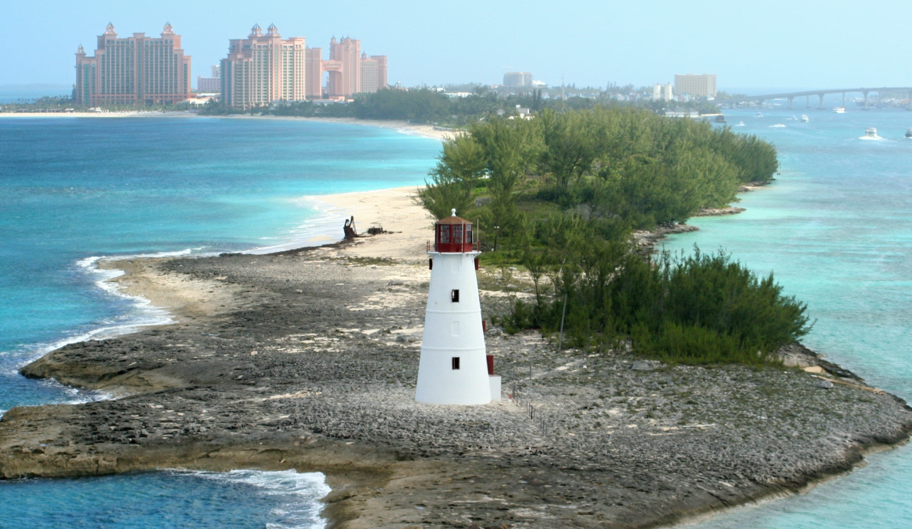 tower, lighthouse, island, ocean, sun, blue, built structure, diving, sand, 2K, red, no people, skyscraper, direction, day, nature, tree, caribbean, wave, HD Wallpaper