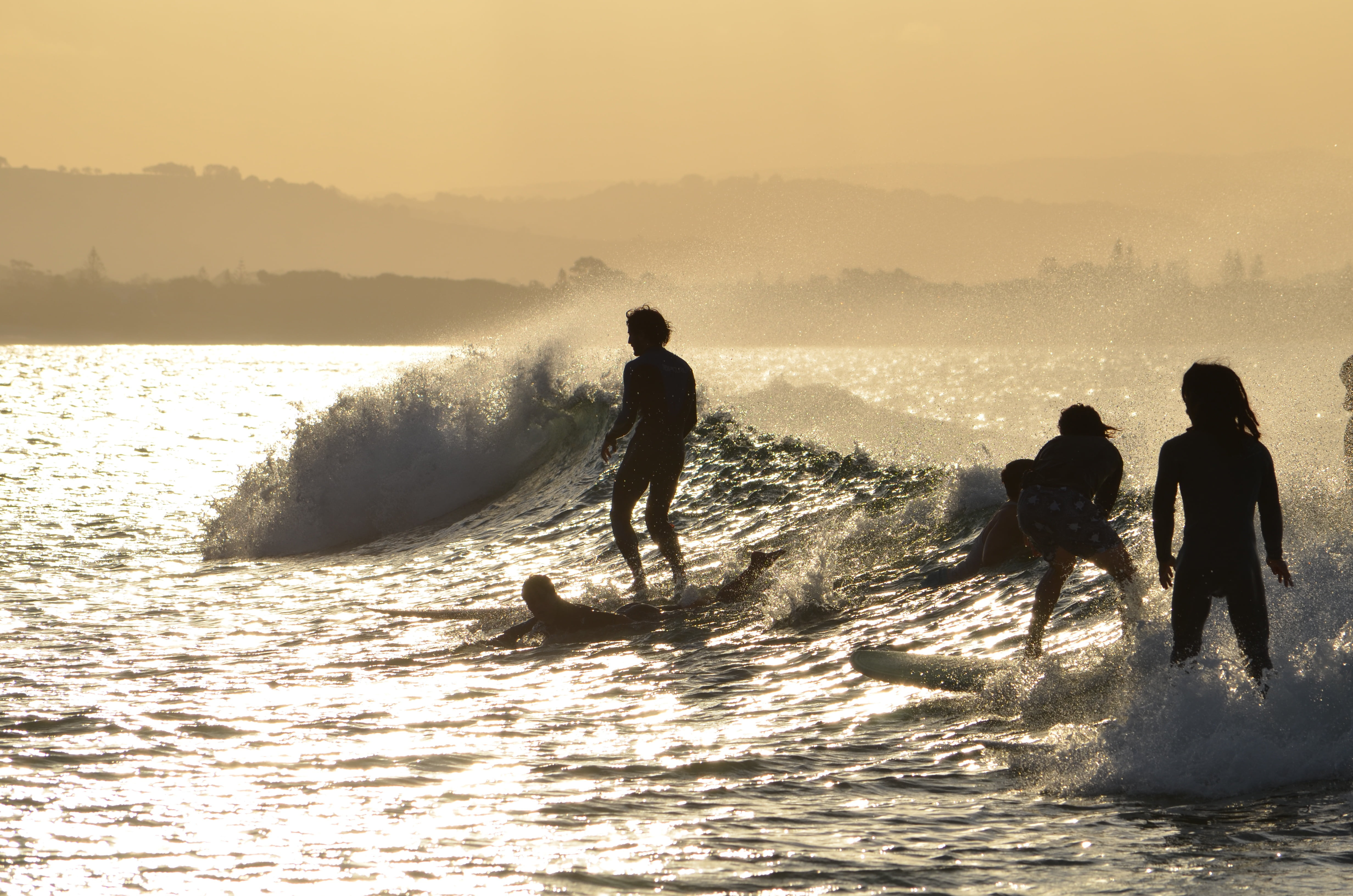 lifestyles, real people, sunset, outdoors, surfing, sky, leisure activity, men, silhouette, water, nature, beach, new south wales, motion, sea, 4K, skill, HD Wallpaper