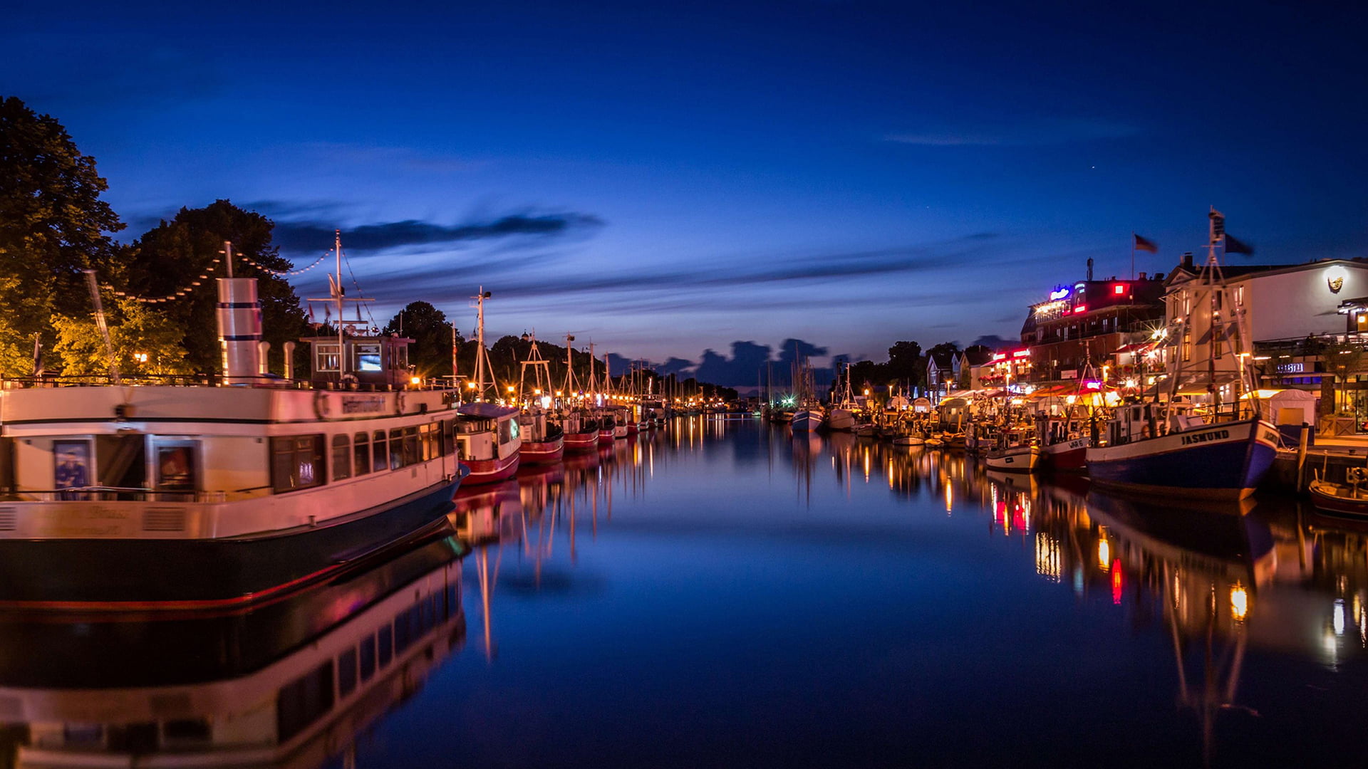 nature, canal, skyline, nautical vessel, tower, nightlife, landmark, tourism, manhattan, moored, buildings, evening, boat, river, coast, scandinavia, mode of transportation, HD Wallpaper