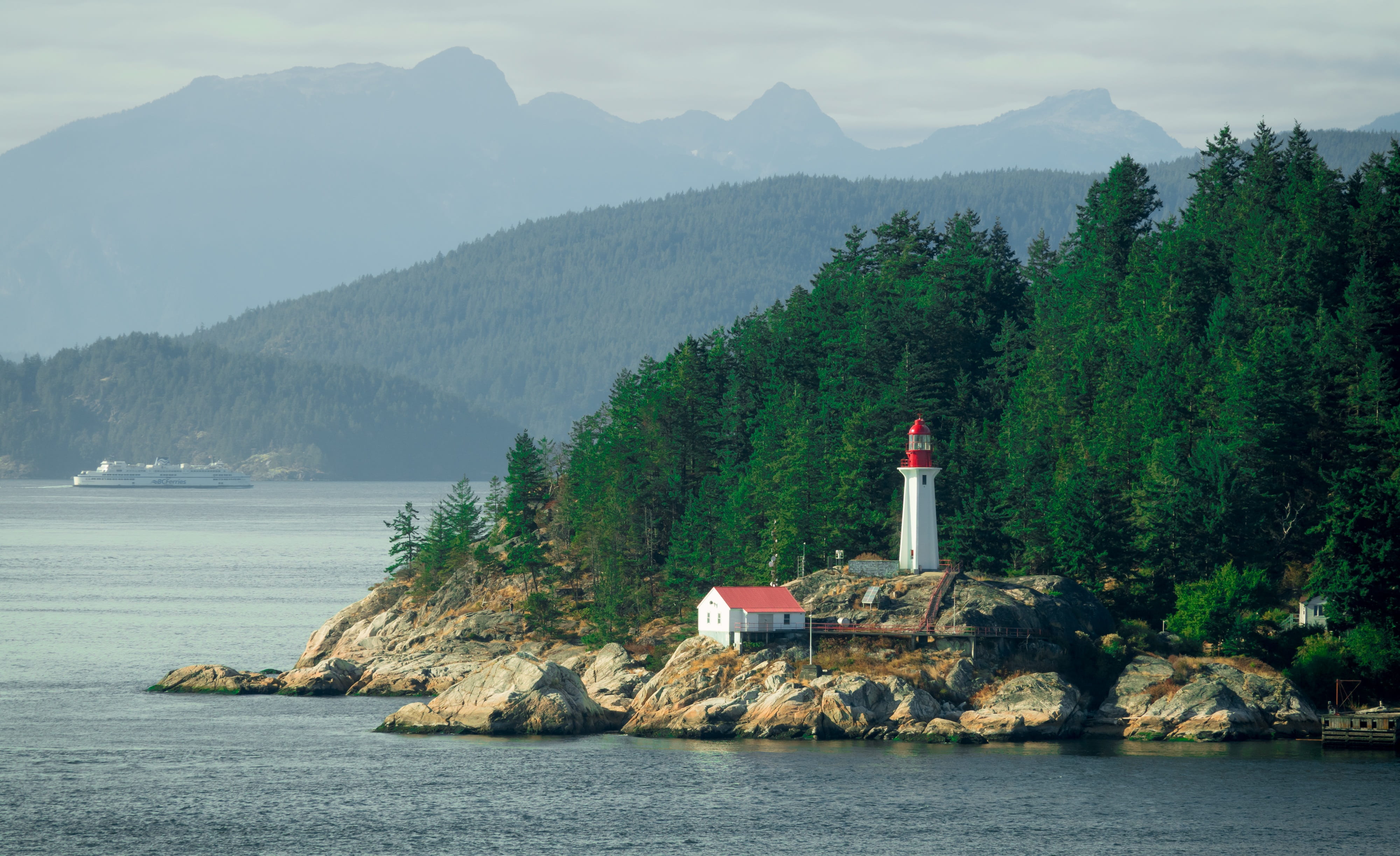 mountain, water, landmark, waterfront, island, building exterior, sky, red, 4K, white, mountain range, beacon, tower, outdoors, day, coast, architecture, HD Wallpaper