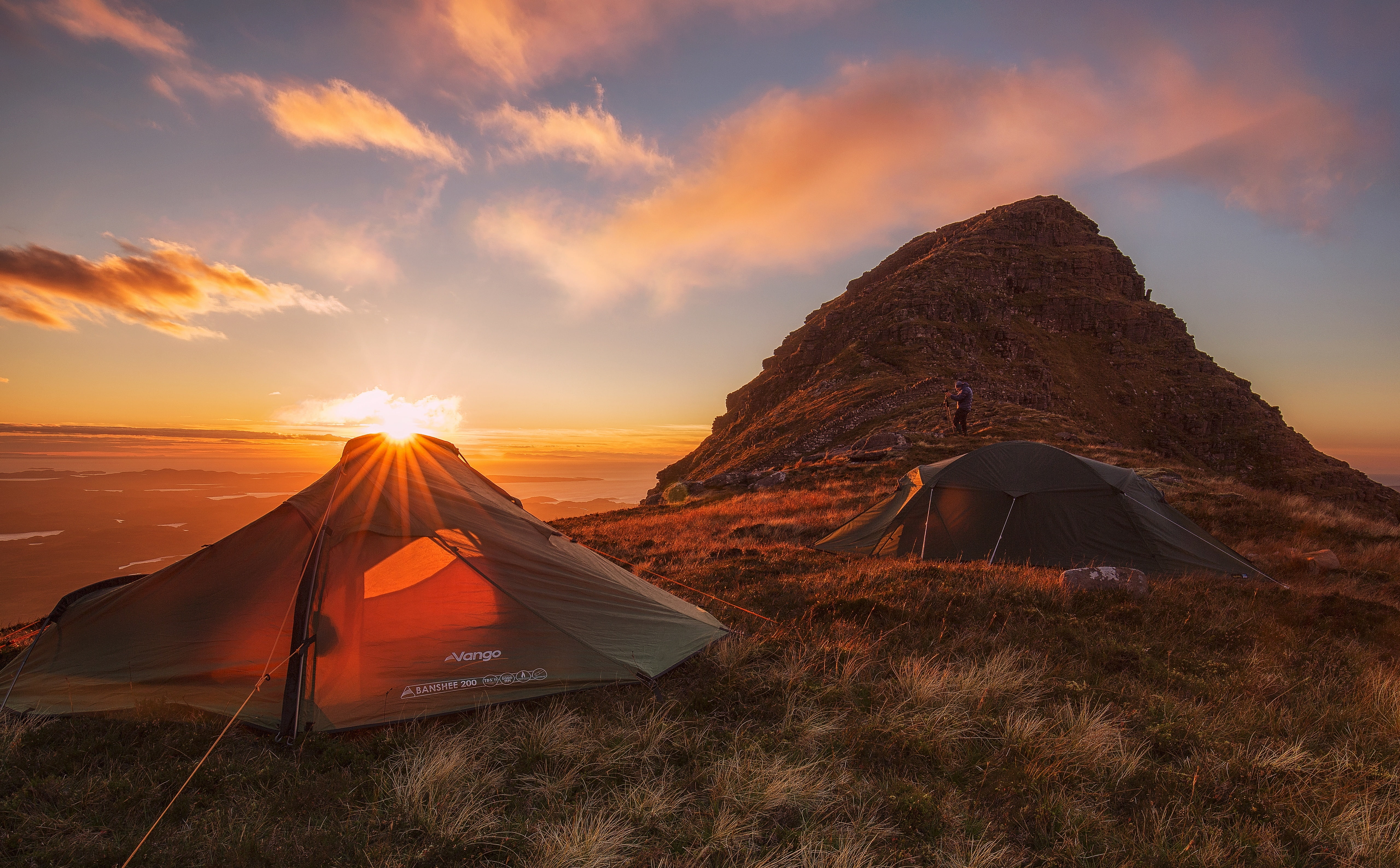 orange color, 5K, tent, Panoramic, environment, beauty in nature, NorthwestHighlands, Suilven, Nature, Beautiful, wildcamp, panorama, mountain peak, Mountain, HD Wallpaper