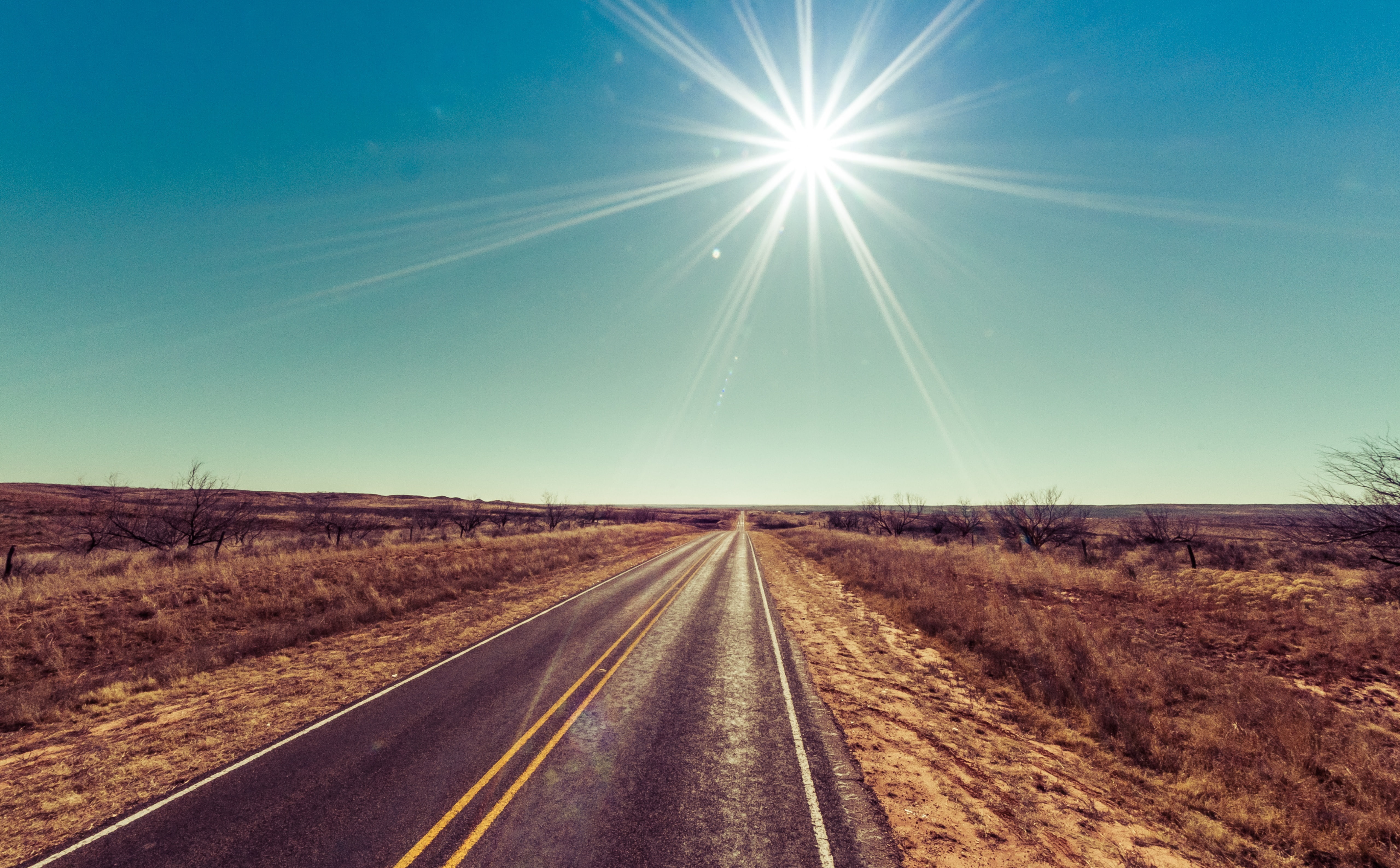 tranquil scene, 5K, Sunburst, Road, sky, black, sunbeam, scenics - nature, nature, beauty in nature, asphalt, sunlight, westtexas, vanishing point, sun, HD Wallpaper