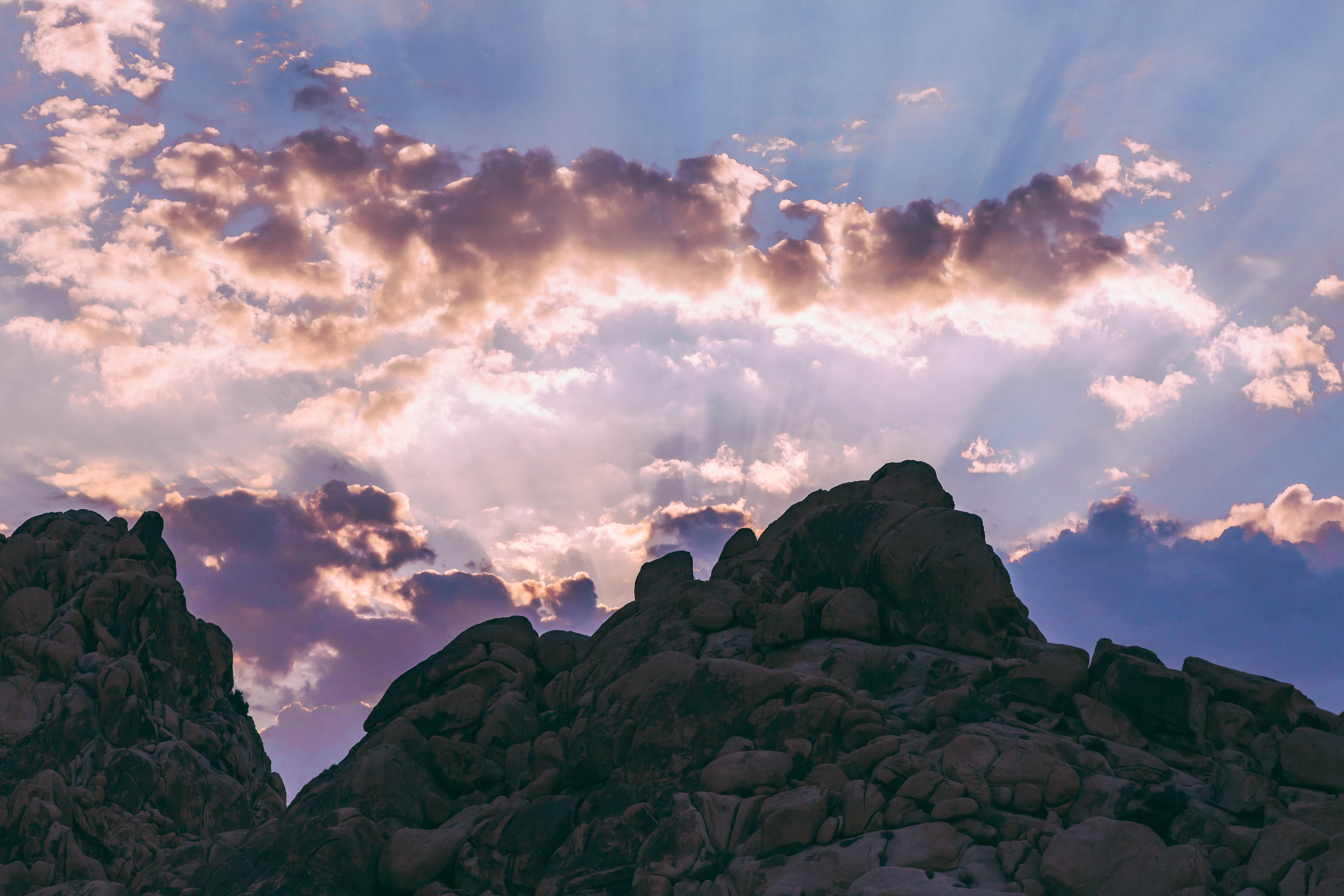 mountain peak, hope, tranquility, 5K, sunburst, rock - object, low angle view, scenics - nature, joshua tree national park, remote, rock formation, beauty in nature, HD Wallpaper