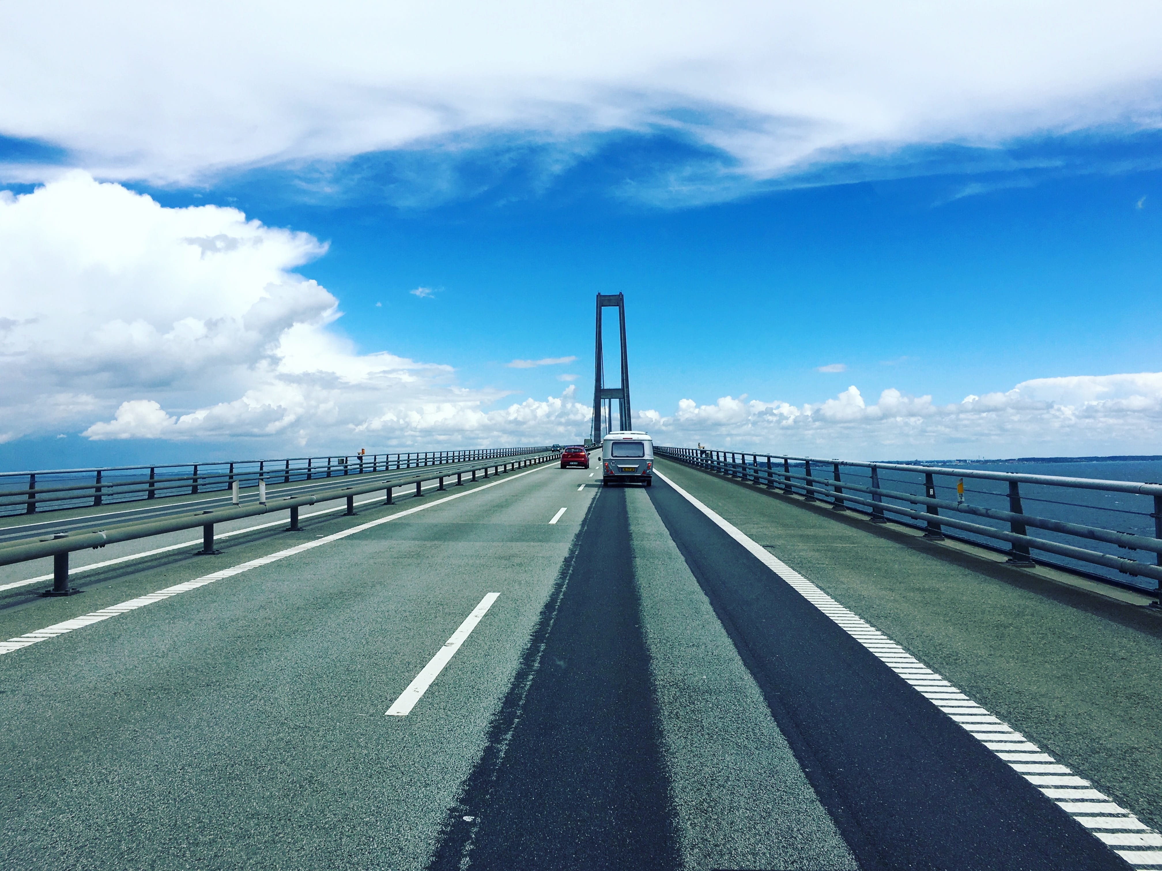 sea, icon, white, the way forward, road, sky, daytime, bridge - Man Made Structure, 4K, Denmark, vehicles, built structure, natural, clouds, Sweden, travel Locations, HD Wallpaper