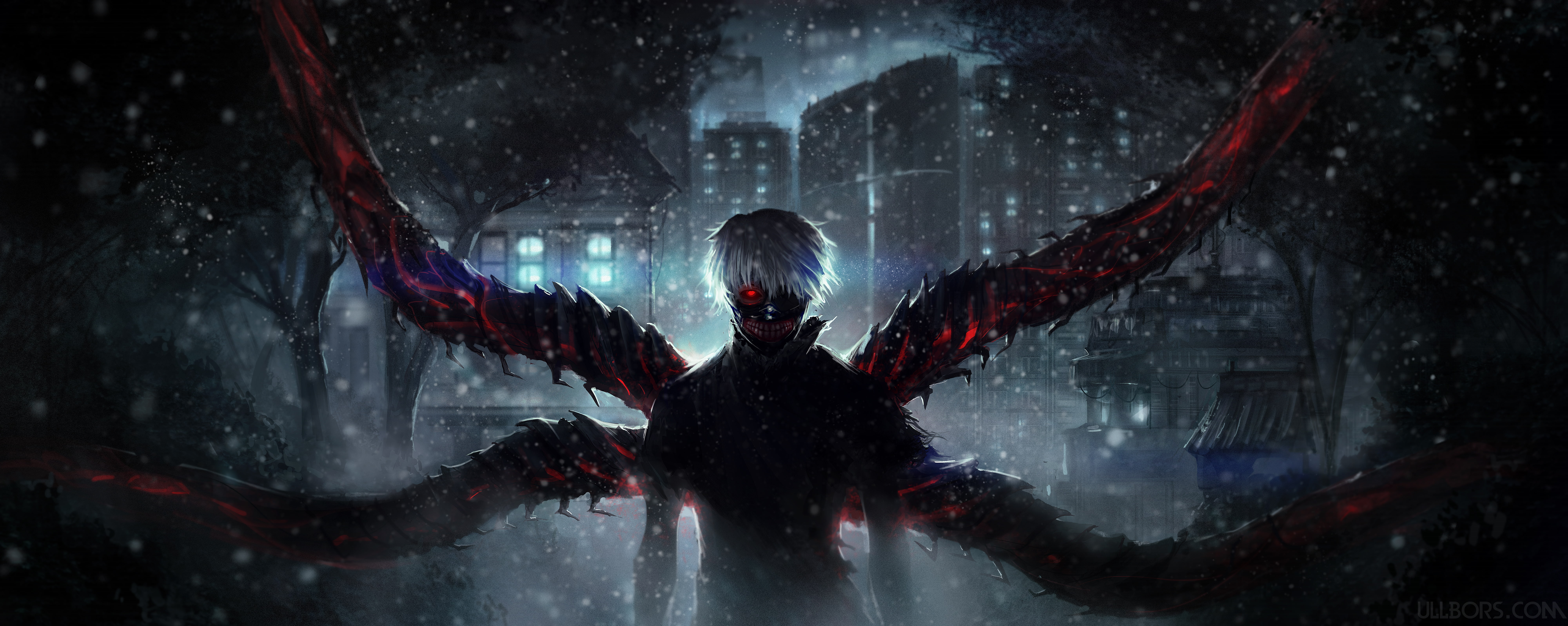 White Hair, Smile, Mask, Night, Red Eyes, 8K, Centipede, Anime, Kakuja (Tokyo Ghoul), Ken Kaneki, Tokyo Ghoul, Kagune (Tokyo Ghoul), HD Wallpaper