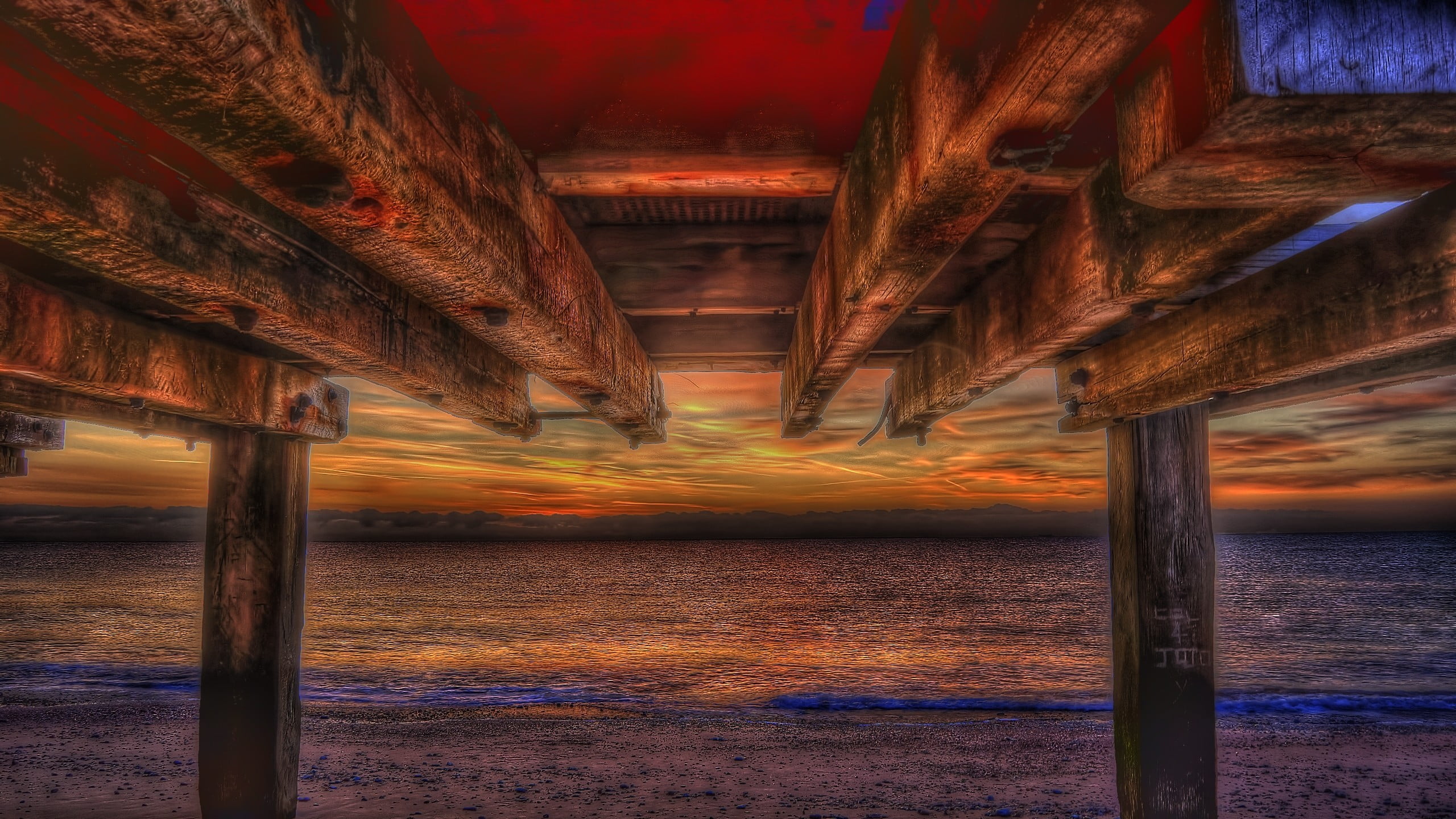 sea, nature, wooden, architecture, beach, outdoors, beauty in nature, sky, built structure, wood - material, no people, tranquility, underneath, architectural column, HD Wallpaper