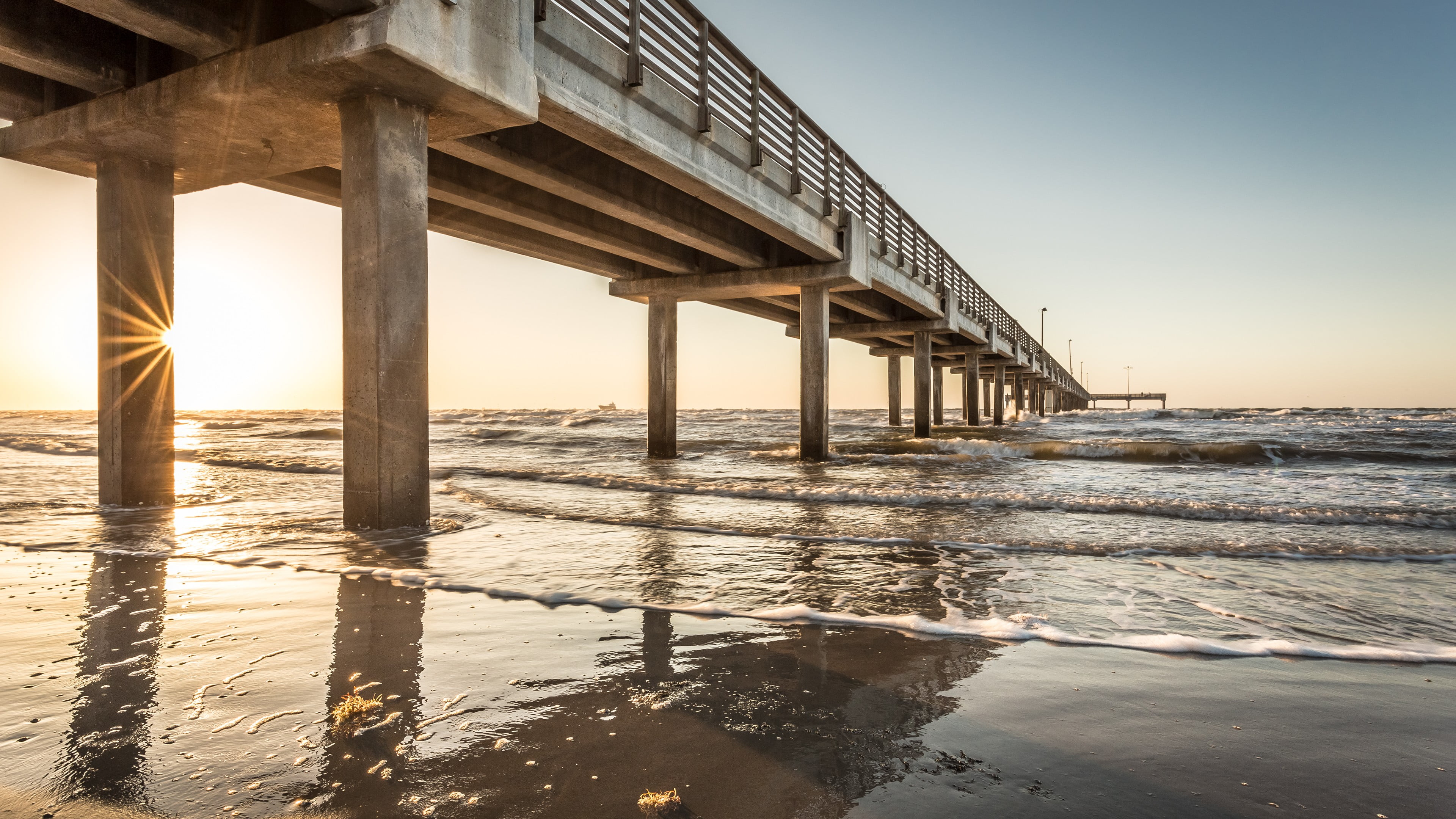 sunset, built structure, dock, underneath, reflection, beach, nature, sky, horizon over water, beauty in nature, bridge - man made structure, sun, scenics - nature, HD Wallpaper