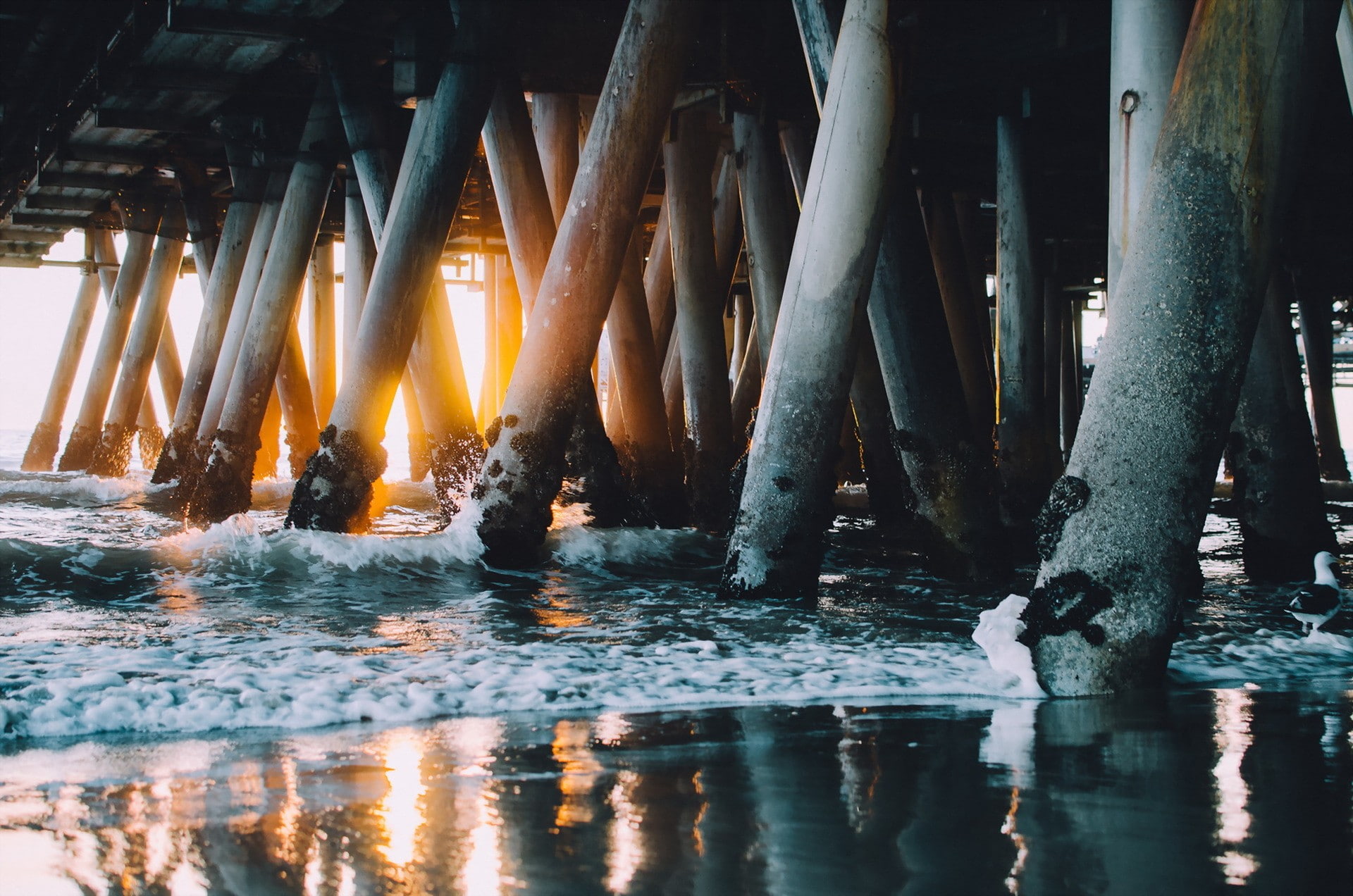 day, architectural column, 1080P, built structure, pier, architecture, connection, water, sunlight, sea, flowing, no people, motion, reflection, beauty in nature, HD Wallpaper