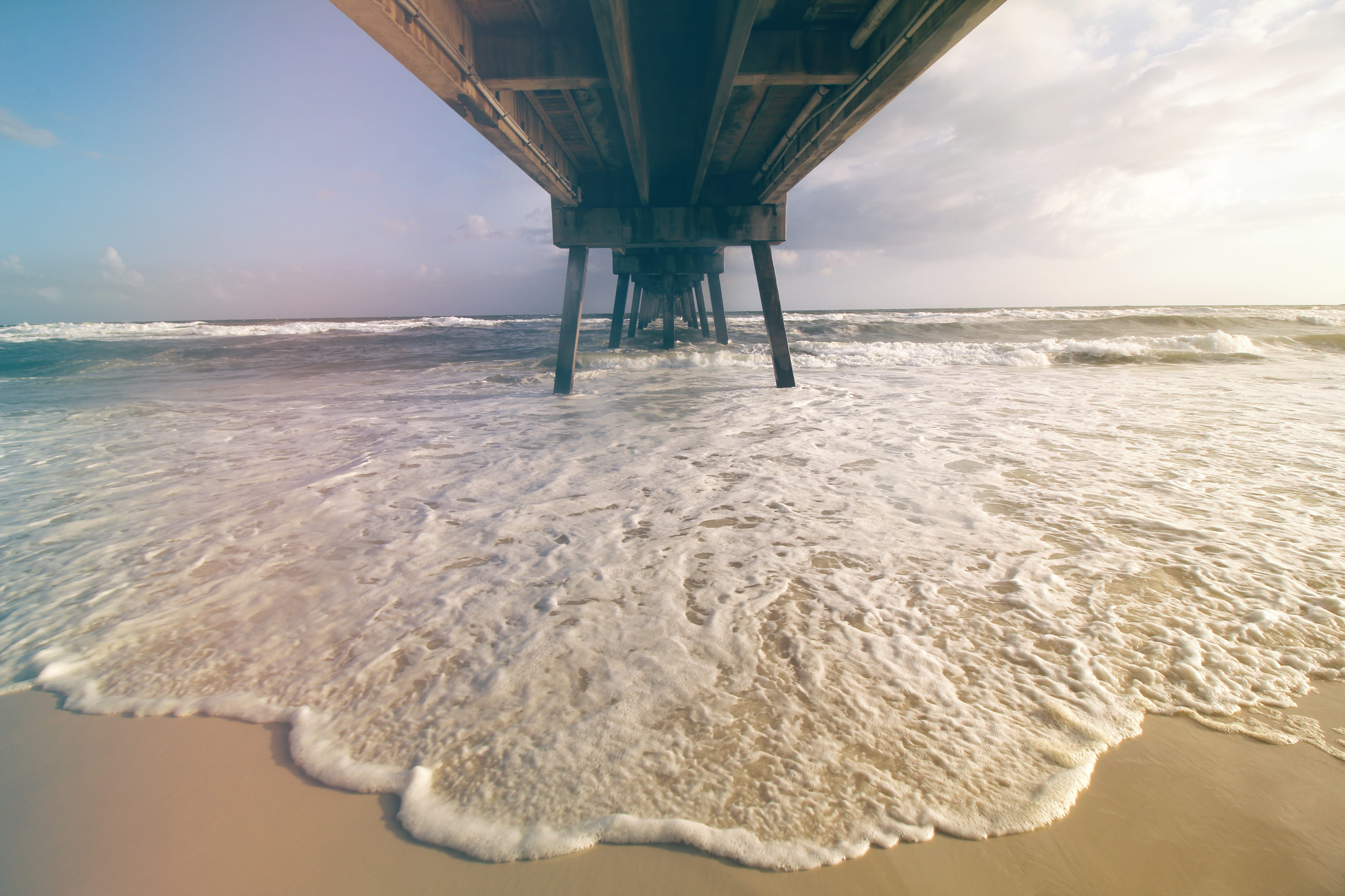 gulf, sand, tide, horizon over water, scenics - nature, water, pier, okaloosa island fishing pier, fishing pier, aquatic sport, wave, cloud - sky, sky, HD Wallpaper