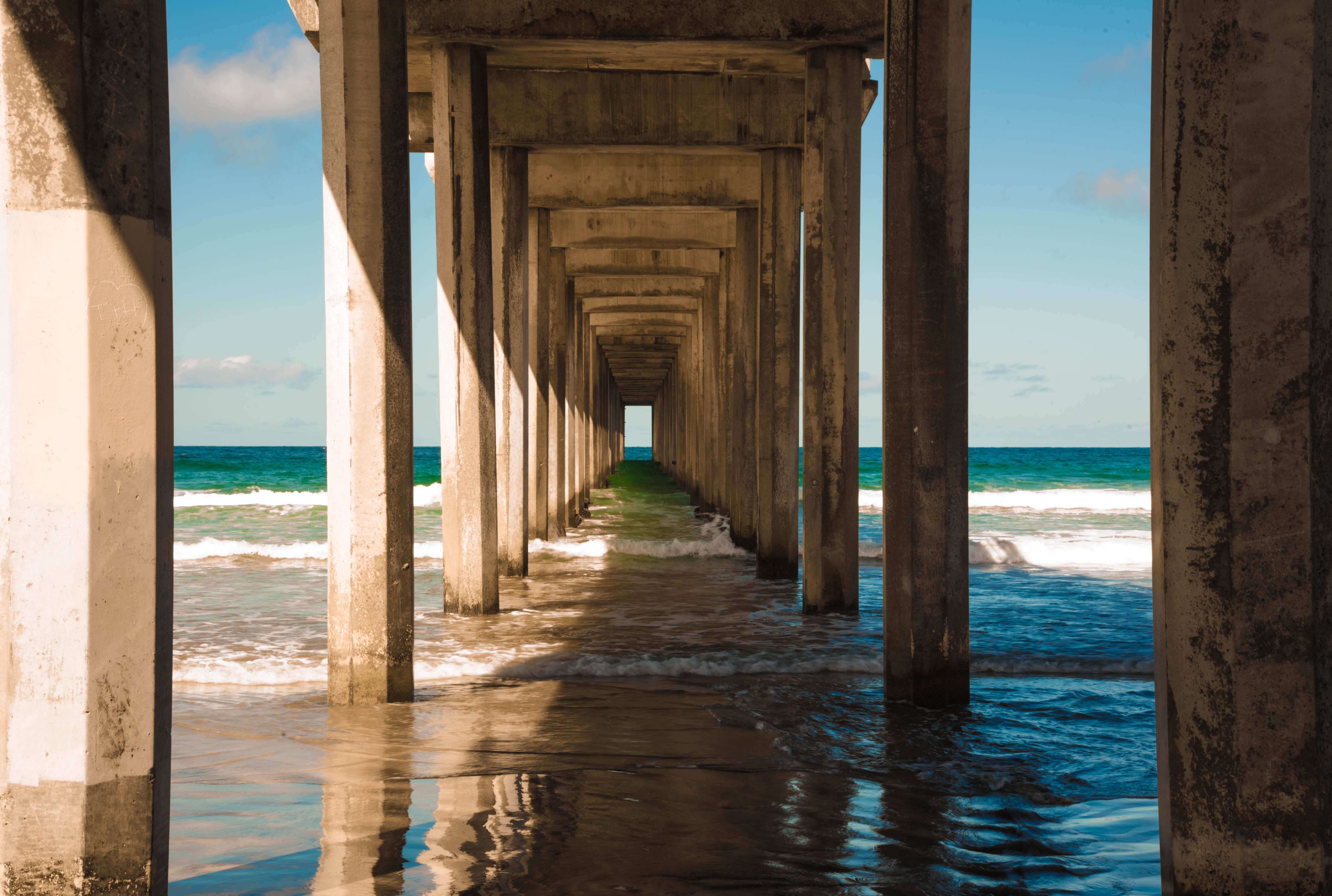 sea, travel destinations, architecture, land, waves, built structure, no people, san diego, 5K, architectural column, long exposure, diminishing perspective, HD Wallpaper
