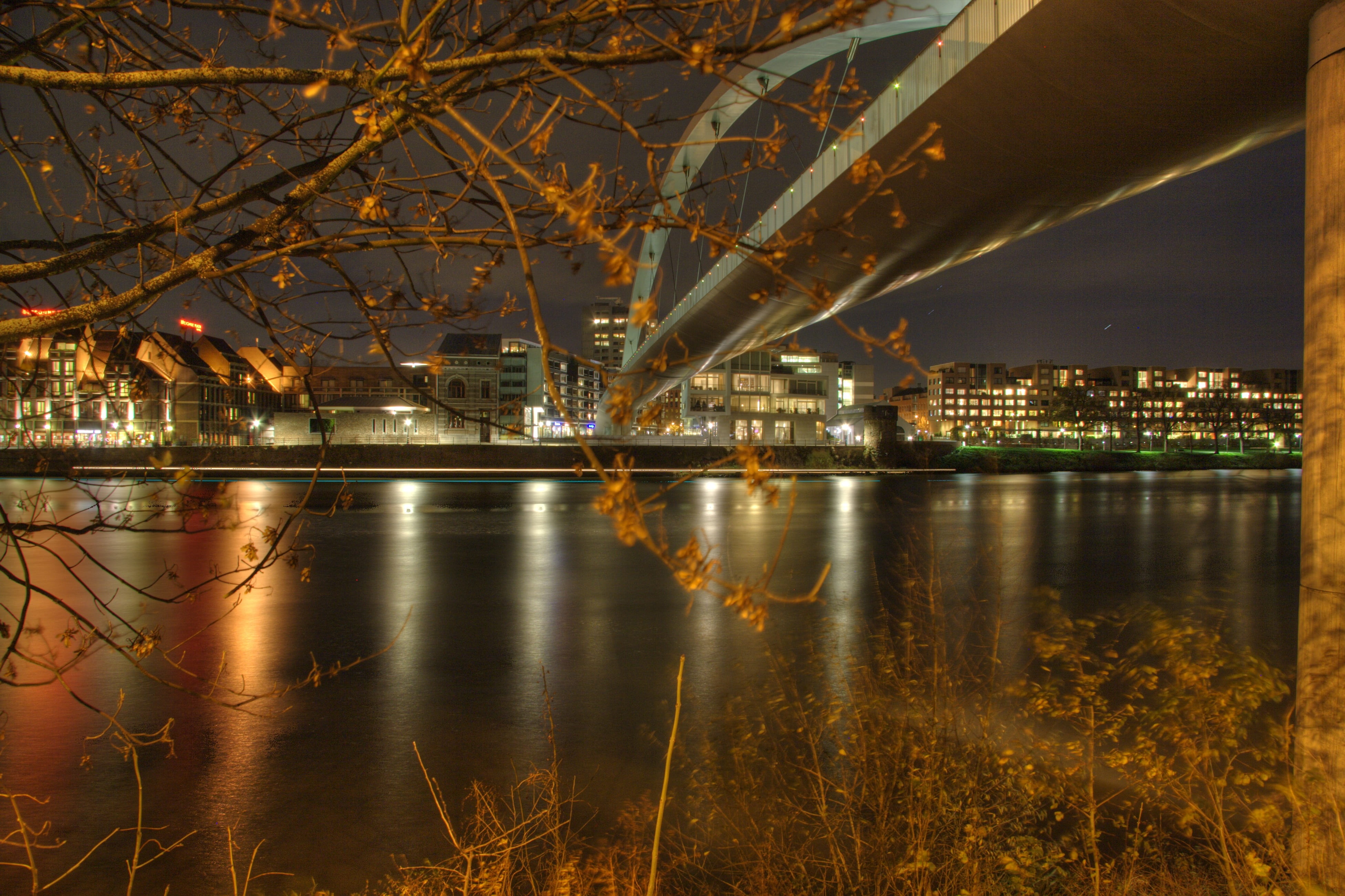 connection, transportation, bridge - man made structure, travel destinations, no people, water, building exterior, cityscape, high bridge, reflection, maastricht, HD Wallpaper