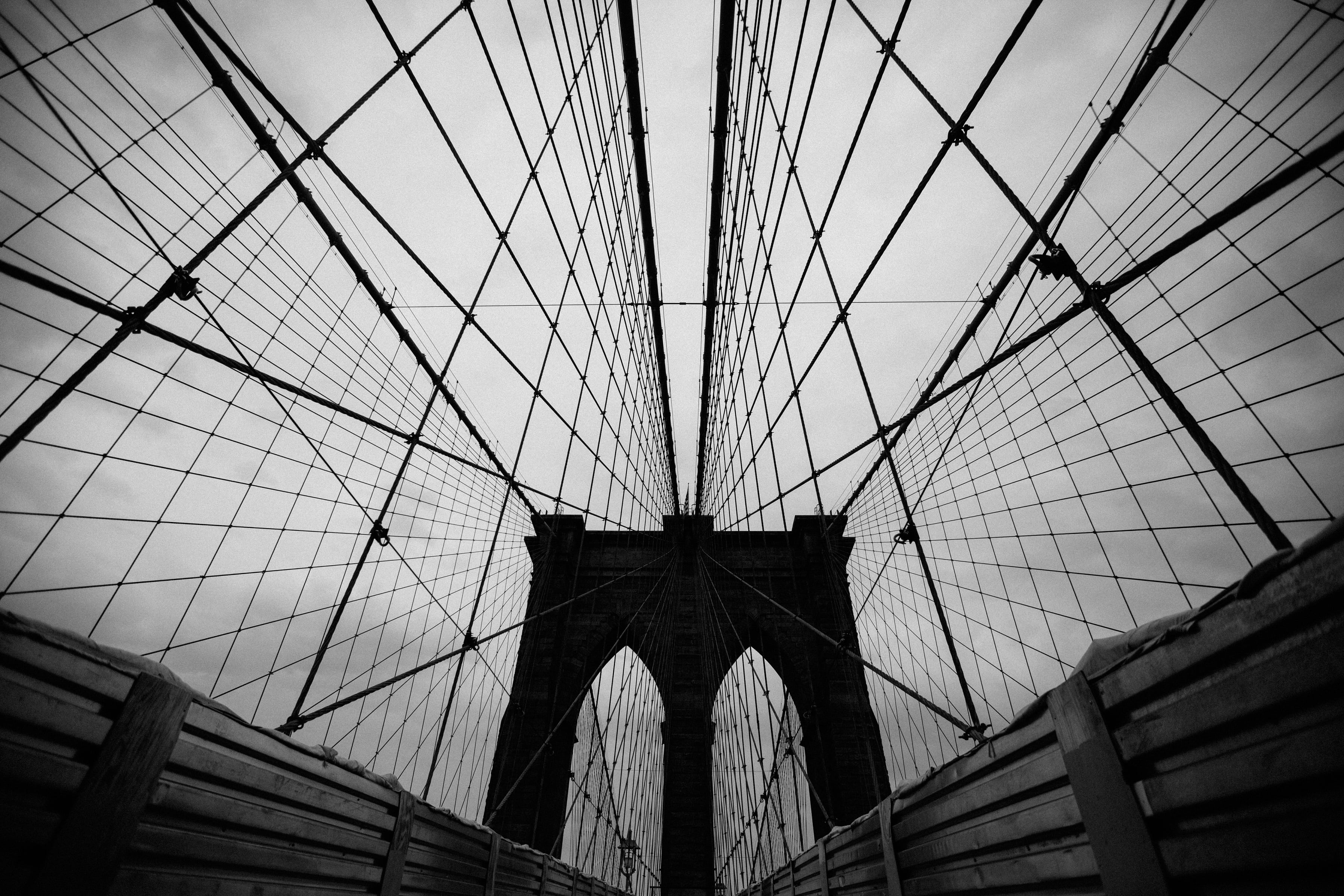 ceiling, nature, cable, lines, iron, arch, sky, grayscale, no people, bridge - man made structure, steel, architecture, photo, black and white, outdoors, HD Wallpaper