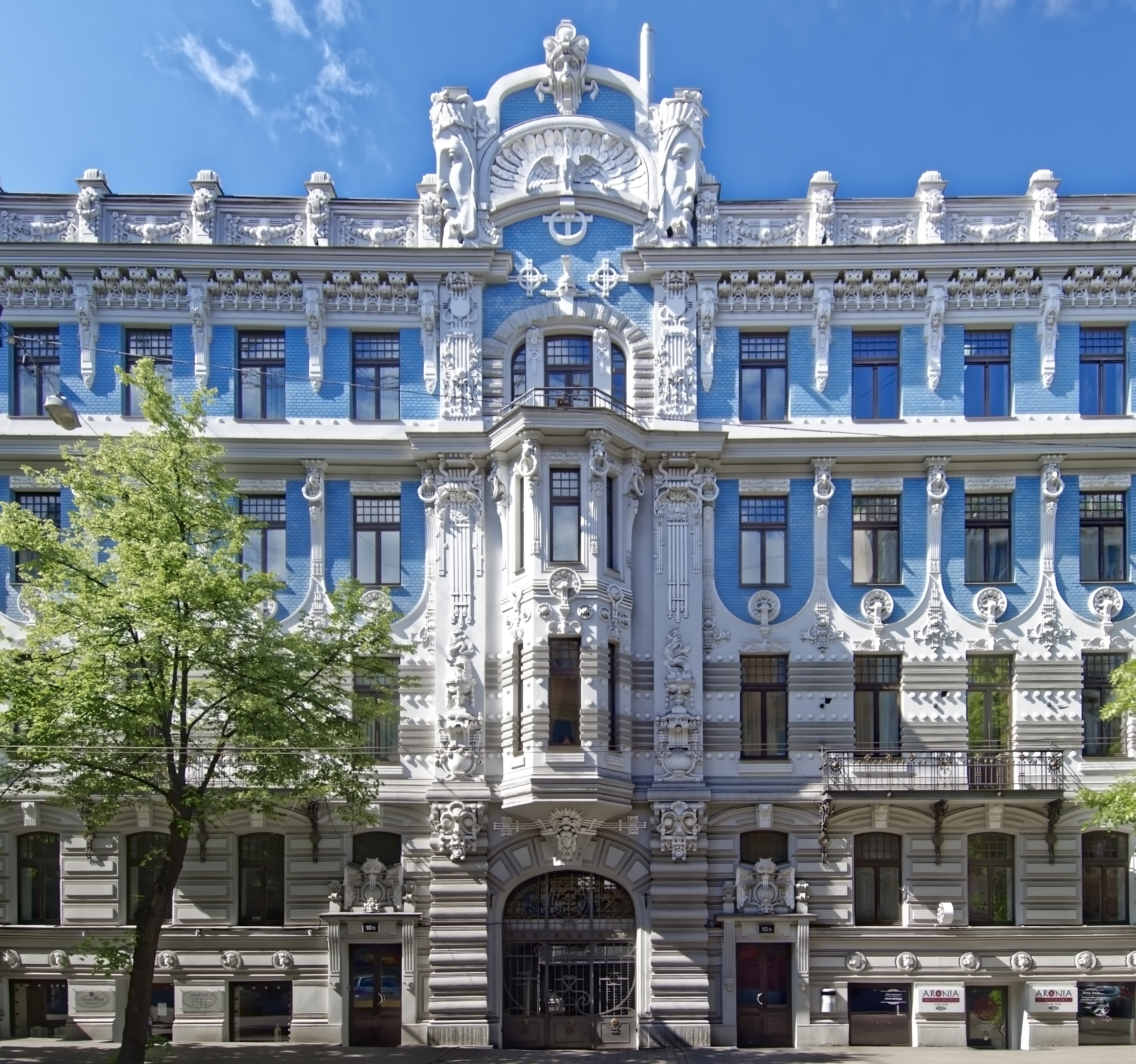 sky, art nouveau, low angle view, history, plant, outdoors, building exterior, tree, building, riga, travel, architectural column, house facade, architecture, HD Wallpaper