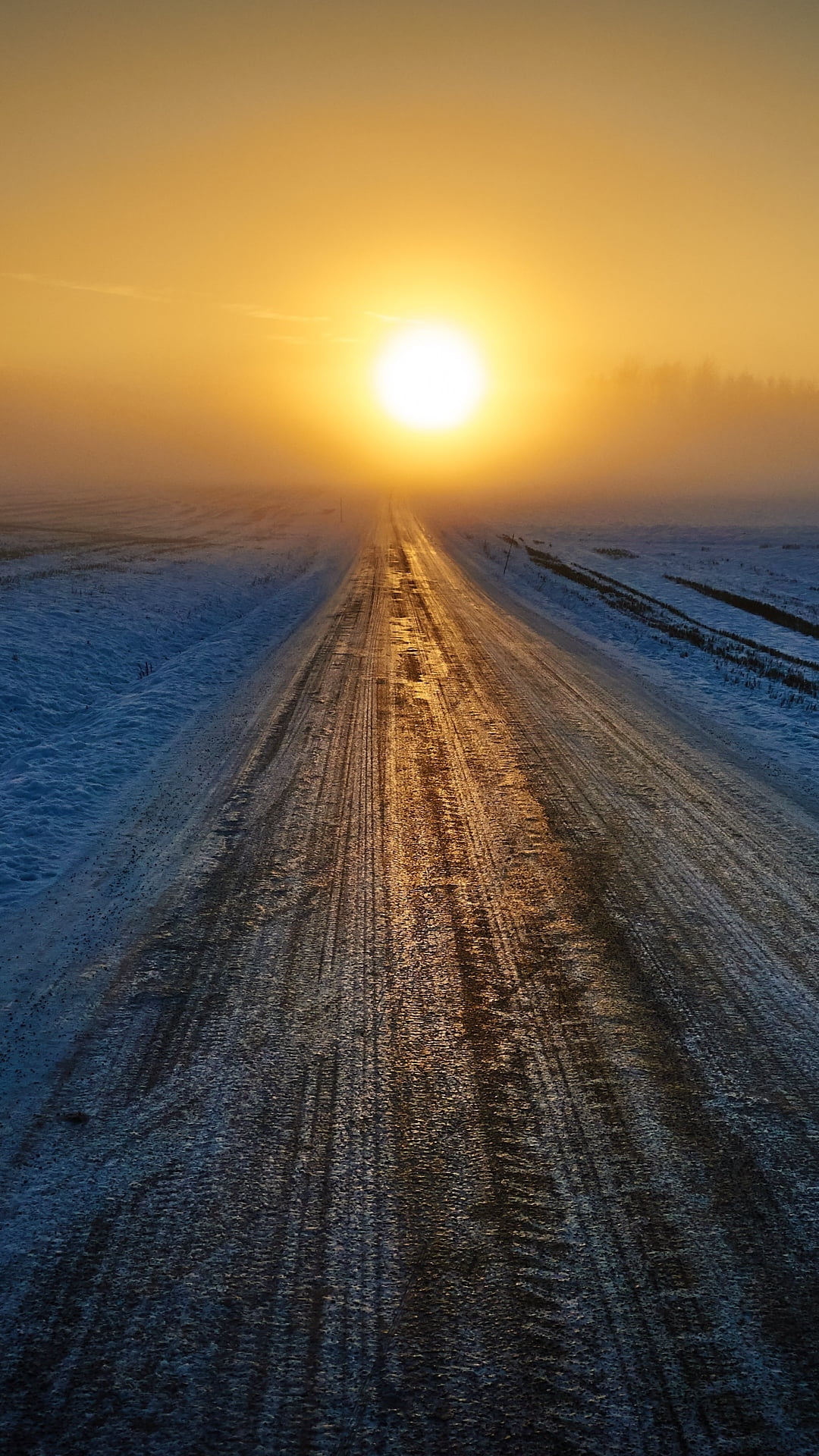 direction, Sun, sunrise, the way forward, sky, mist, diminishing perspective, 1080P, snow, portrait display, tranquil scene, tire track, beauty in nature, Phone HD Wallpaper