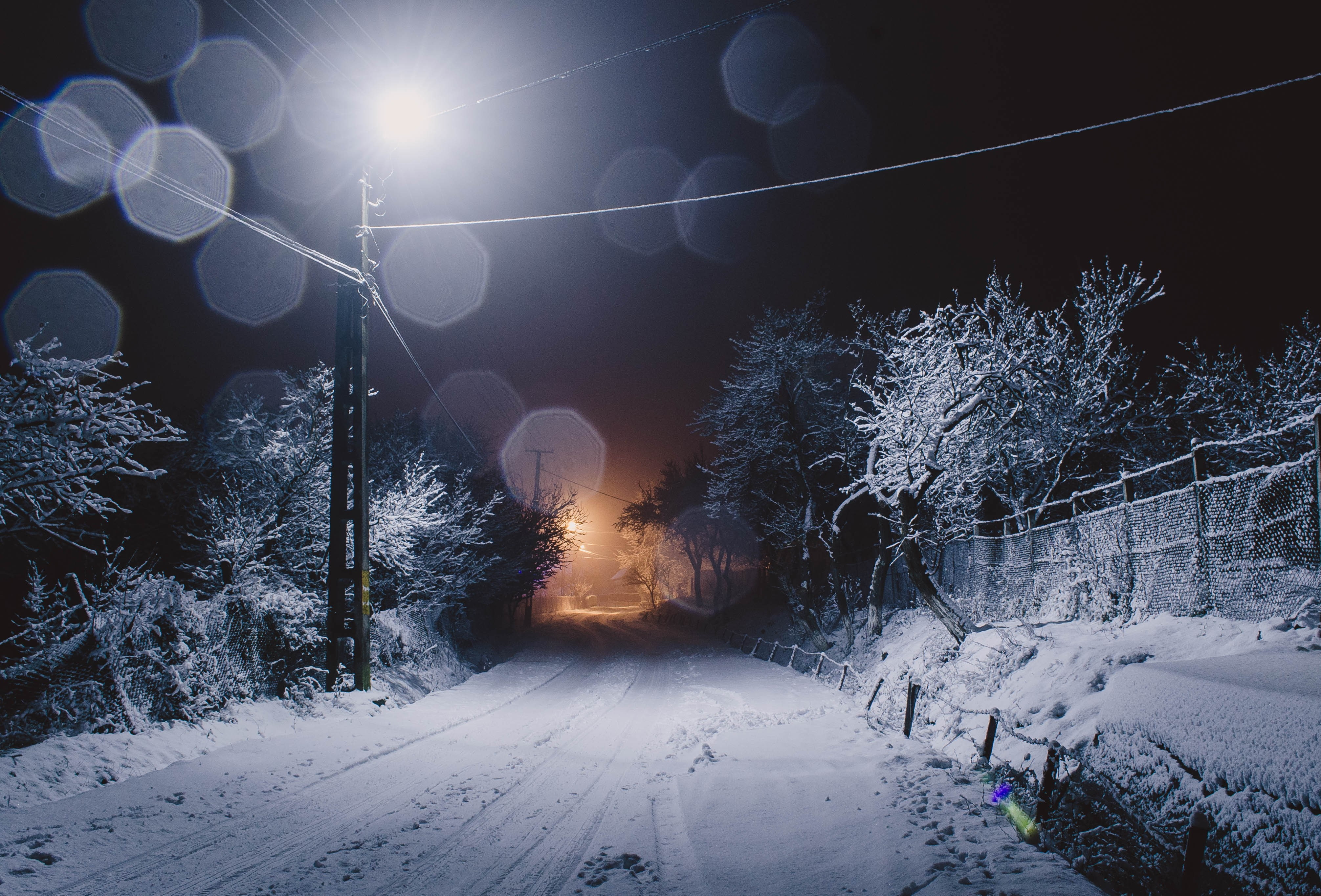 road, 4K, trees, snow, night, seasons, ice, winter, HD Wallpaper