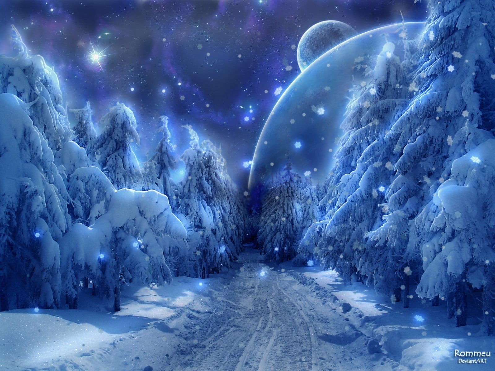 star - space, tranquil scene, 720P, nighttime, blue, forest, environment, no people, night, pathway, space, landscape, astronomy, snow, tranquility, HD Wallpaper