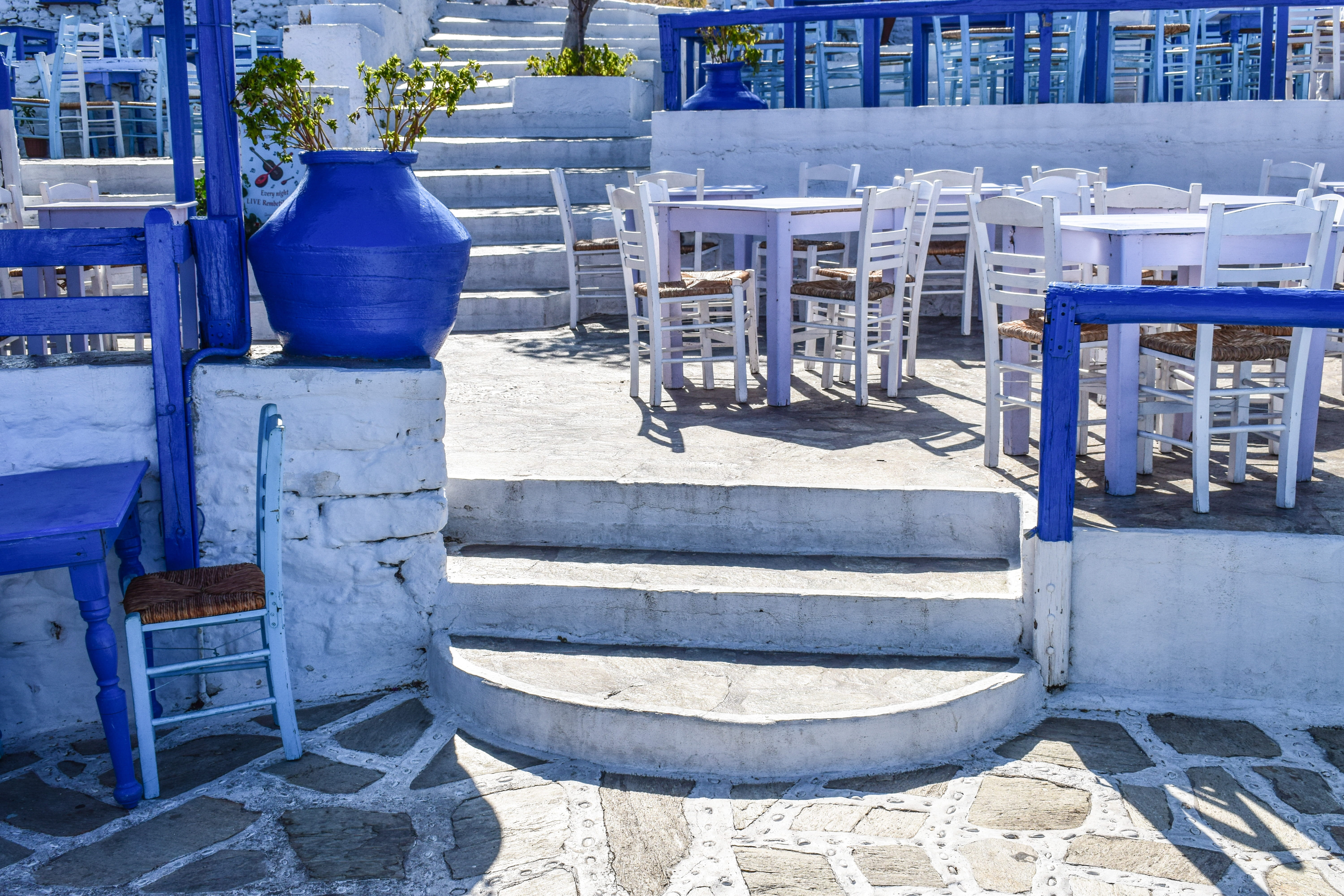 chair, no people, outdoors, nature, island, day, blue, shadow, empty, mediterranean, metal, table, summer, staircase, sunlight, in a row, tourism, chora, HD Wallpaper