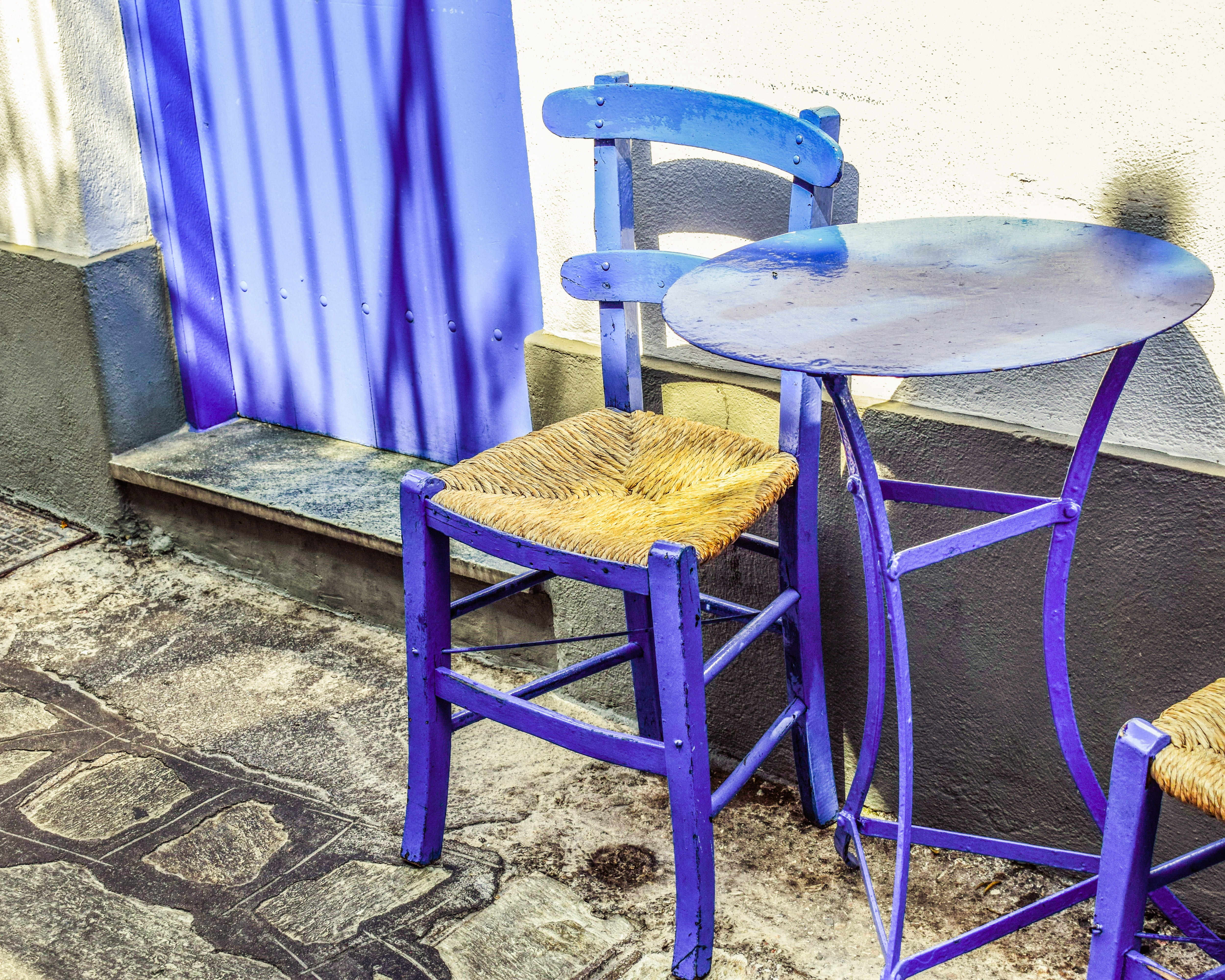 outdoors, architecture, skopelos, island, table, still life, tavern, glossa, yellow, nature, furniture, day, railing, chair, ornate, wall - building feature, HD Wallpaper