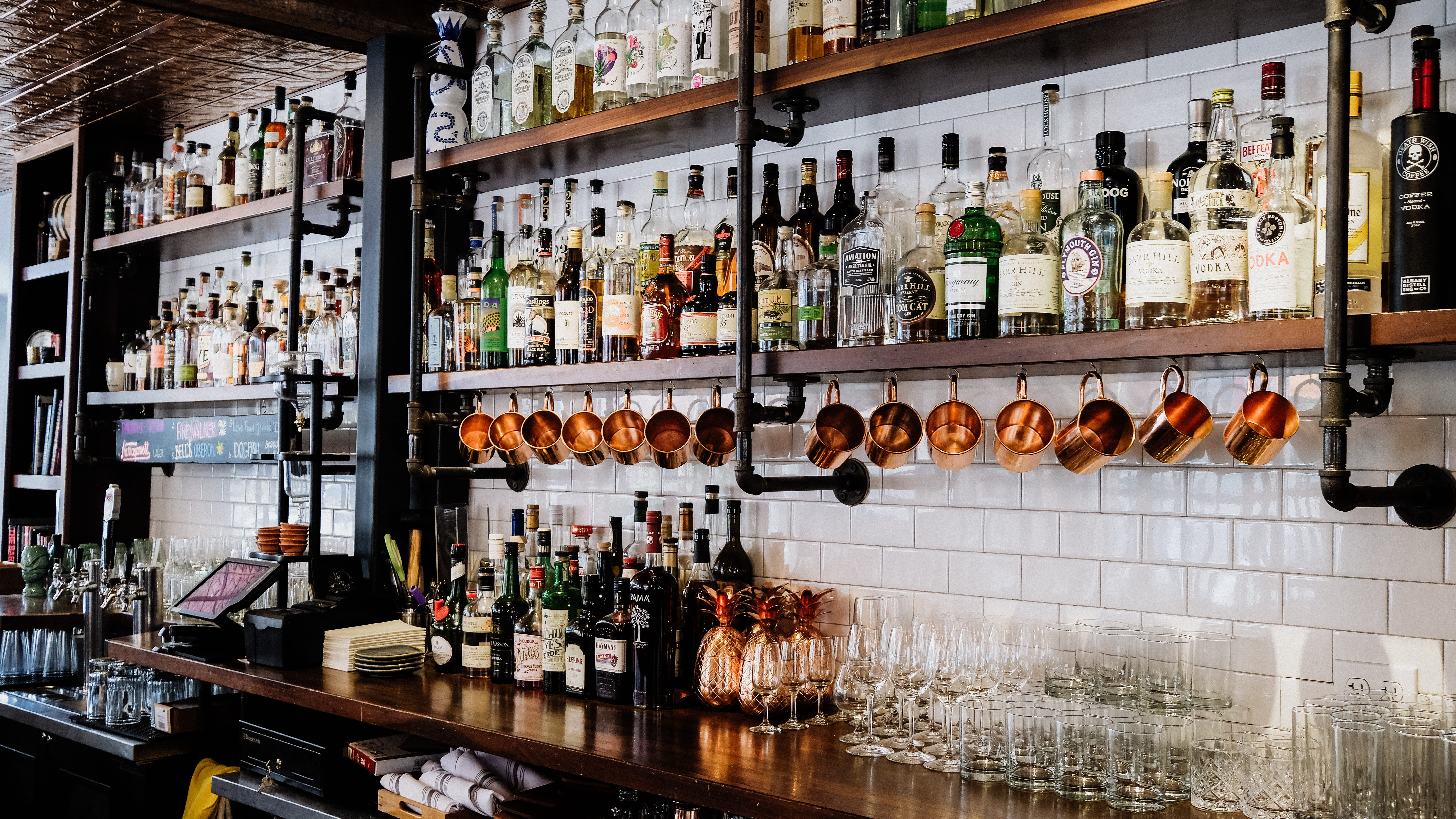 bar - drink establishment, glass - material, glass, liquor store, bar, shelf, 5K, assorted, cocktail bar, bottles, no people, retail, liquor, refreshment, HD Wallpaper