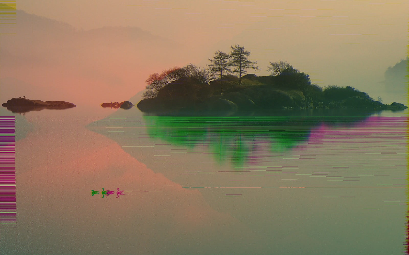 plant, sky, multi colored, tranquility, forest, isle, water, non-urban scene, tree, waterfront, reflection, outdoors, idyllic, glitch art, dark, scenics - nature, HD Wallpaper