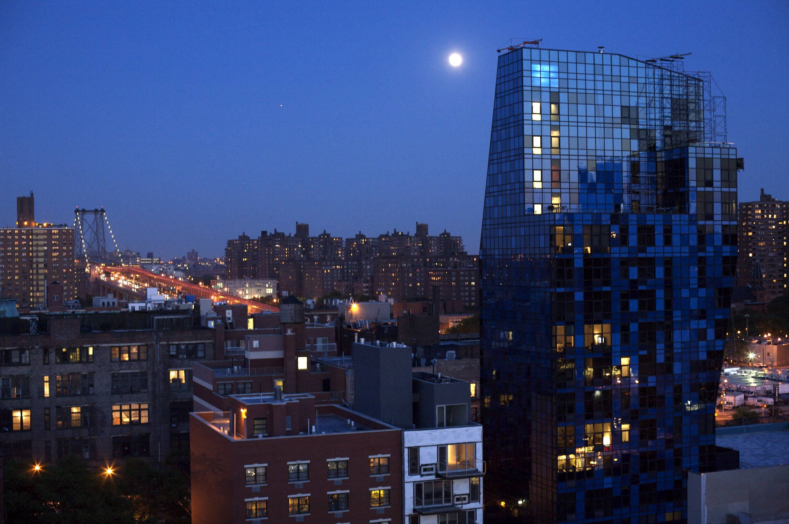 tower, new york, sky, skyscraper, moon, urban skyline, manhattan, nightlife, modern, night, travel destinations, street, city, architecture, city life, HD Wallpaper