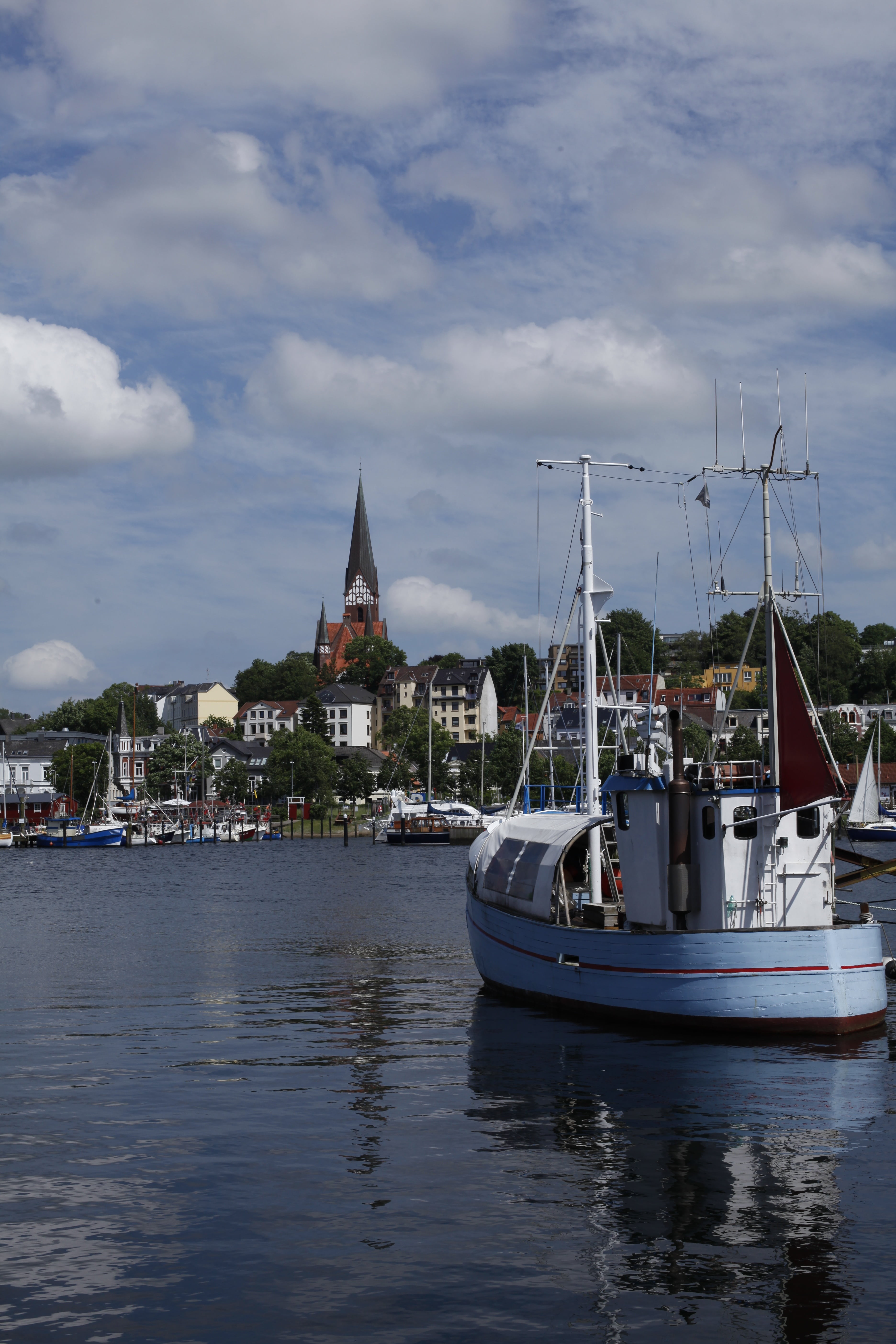 built structure, architecture, nautical vessel, flensburg, germany, summer, outdoors, water, coast, yacht, nature, mode of transportation, fjord, baltic sea, Phone HD Wallpaper