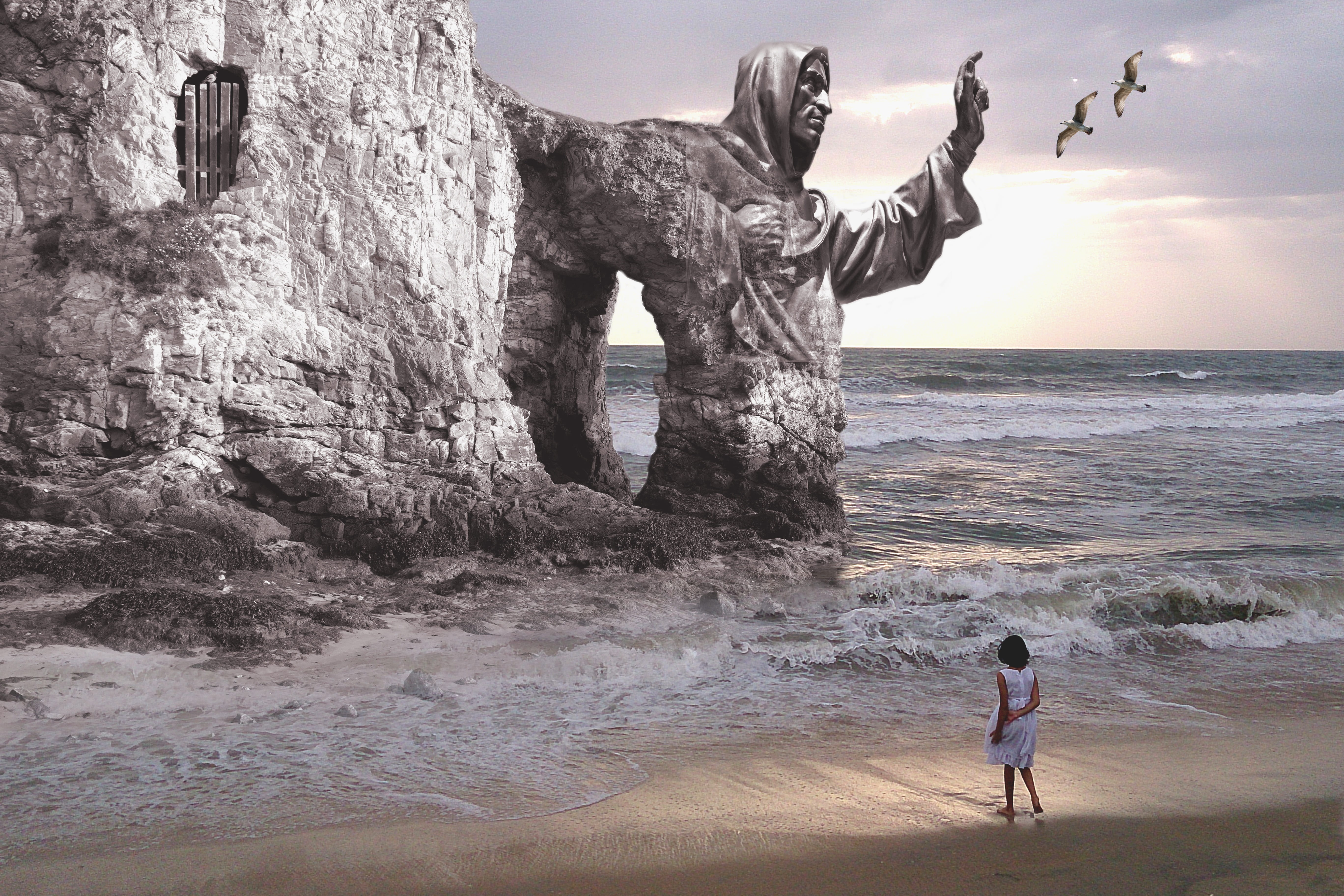 5K, scenics - nature, child, face, near, birds, beauty in nature, real people, ocean, art and craft, man, character, water, sea, the statue of, monument, HD Wallpaper