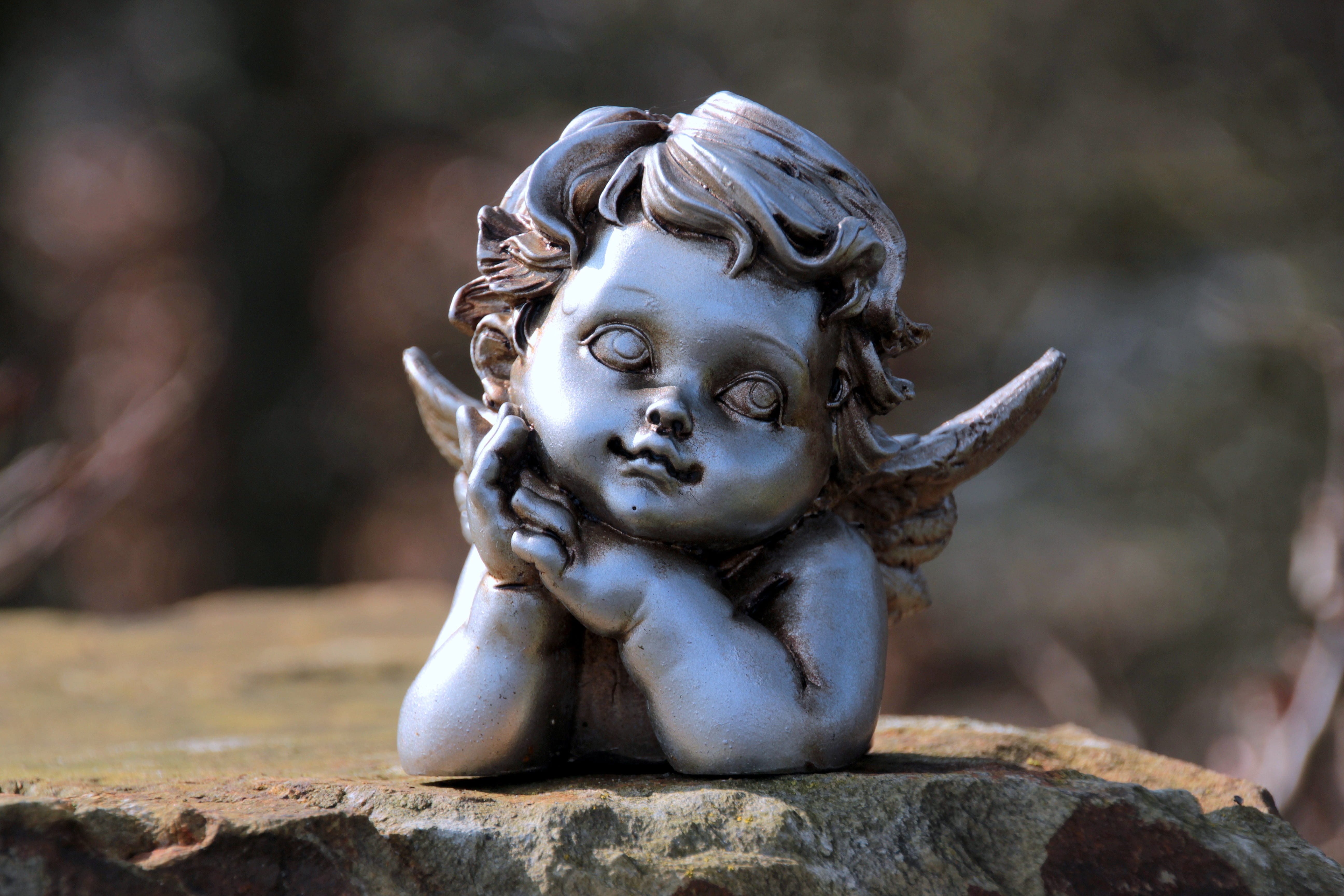 childhood, focus on foreground, angel face, day, 5K, mini, angel, cherub, angel figure, little angel, rock, brown, selective focus, sculpture, figurine, HD Wallpaper