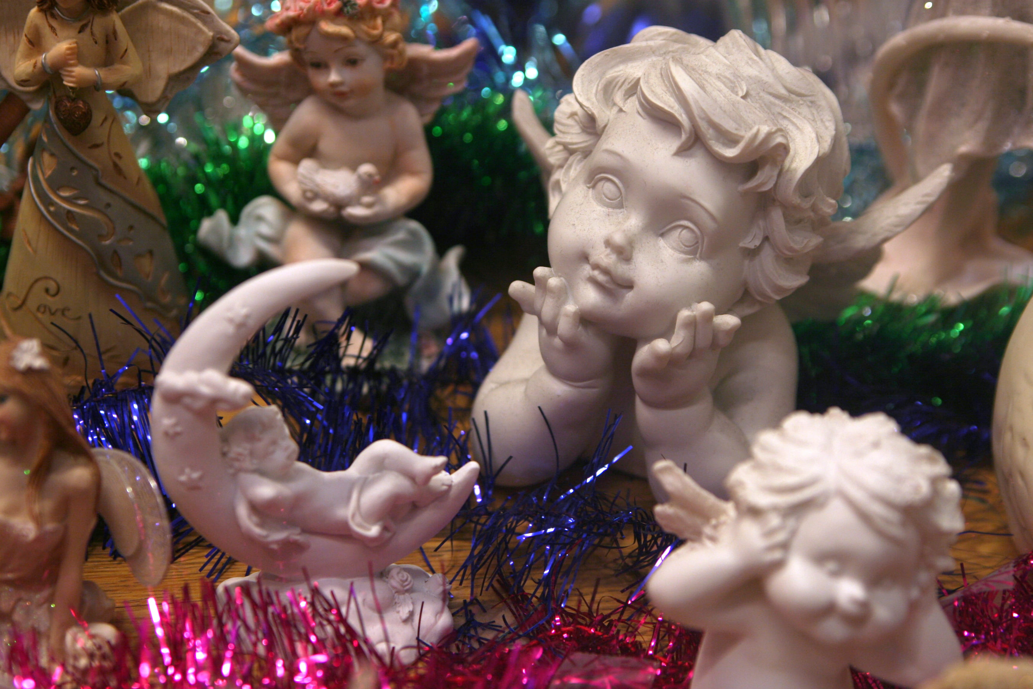 selective focus, female likeness, angel head, decoration, christmas, statue, figurine, toy, close-up, angel, representation, Little Angel, Kitsch, holiday - event, HD Wallpaper