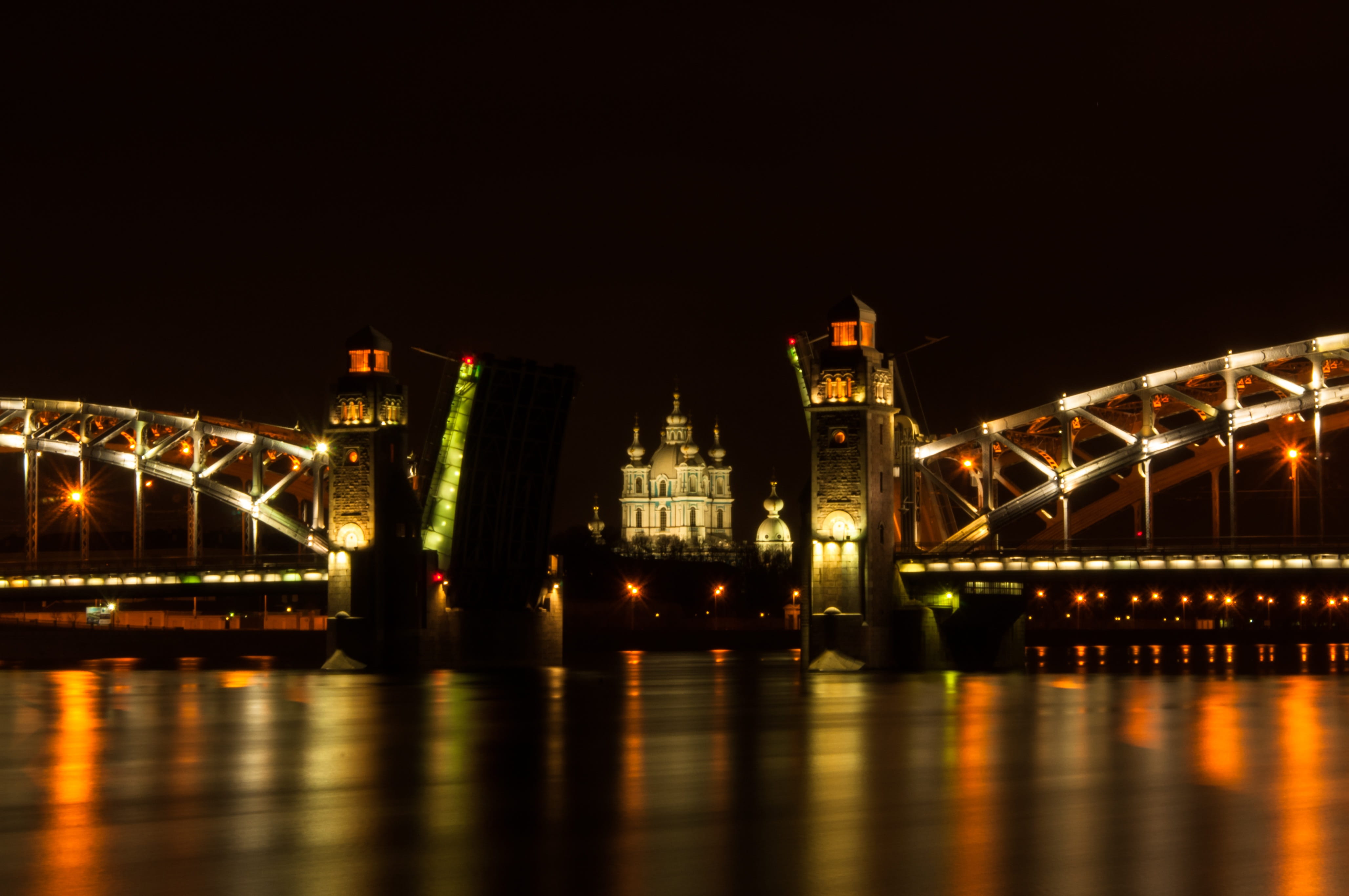 bolsheokhtinsky bridge, dark background, sunset, small river, bridge, no people, wave, travel, architecture, 4K, built structure, office building exterior, HD Wallpaper