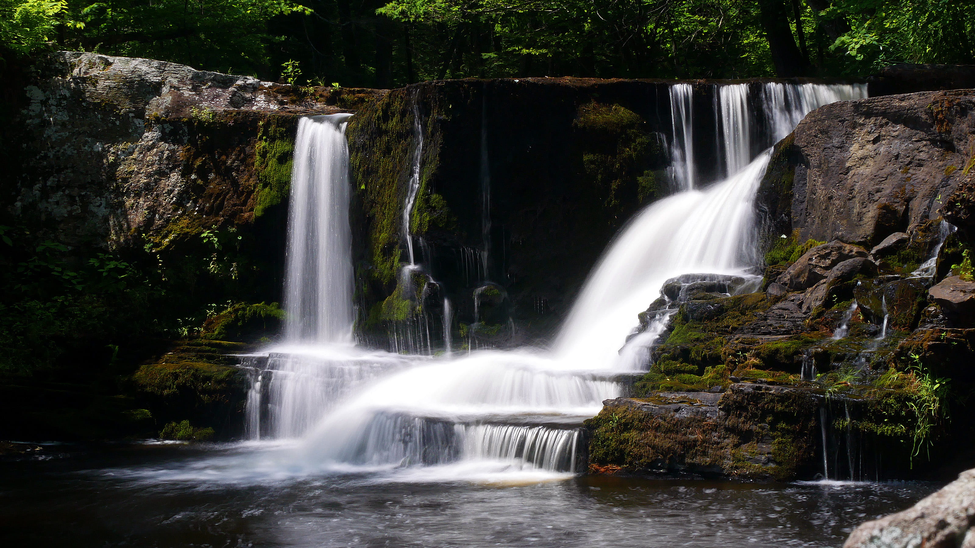 waterfall, scenic, pa, forest, stone, rainforest, township, summer, flowing water, factory, leaves, power in nature, nature, w, falling water, land, stream flow, HD Wallpaper