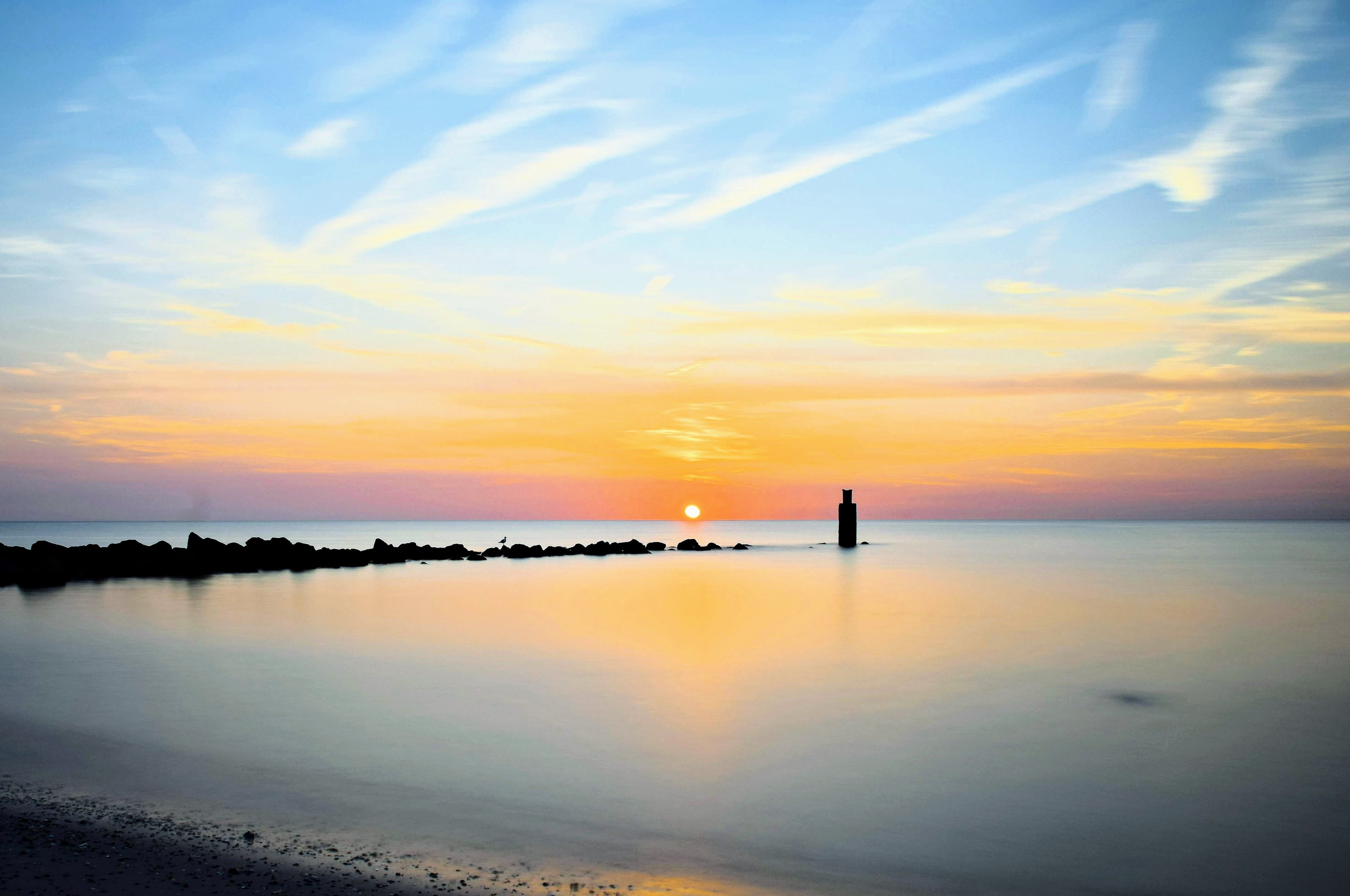 beach, coast, zealand, ocean, landscape, 4K, clouds, orange color, tranquil scene, blue, tranquility, horizon, land, no people, idyllic, horizon over water, HD Wallpaper