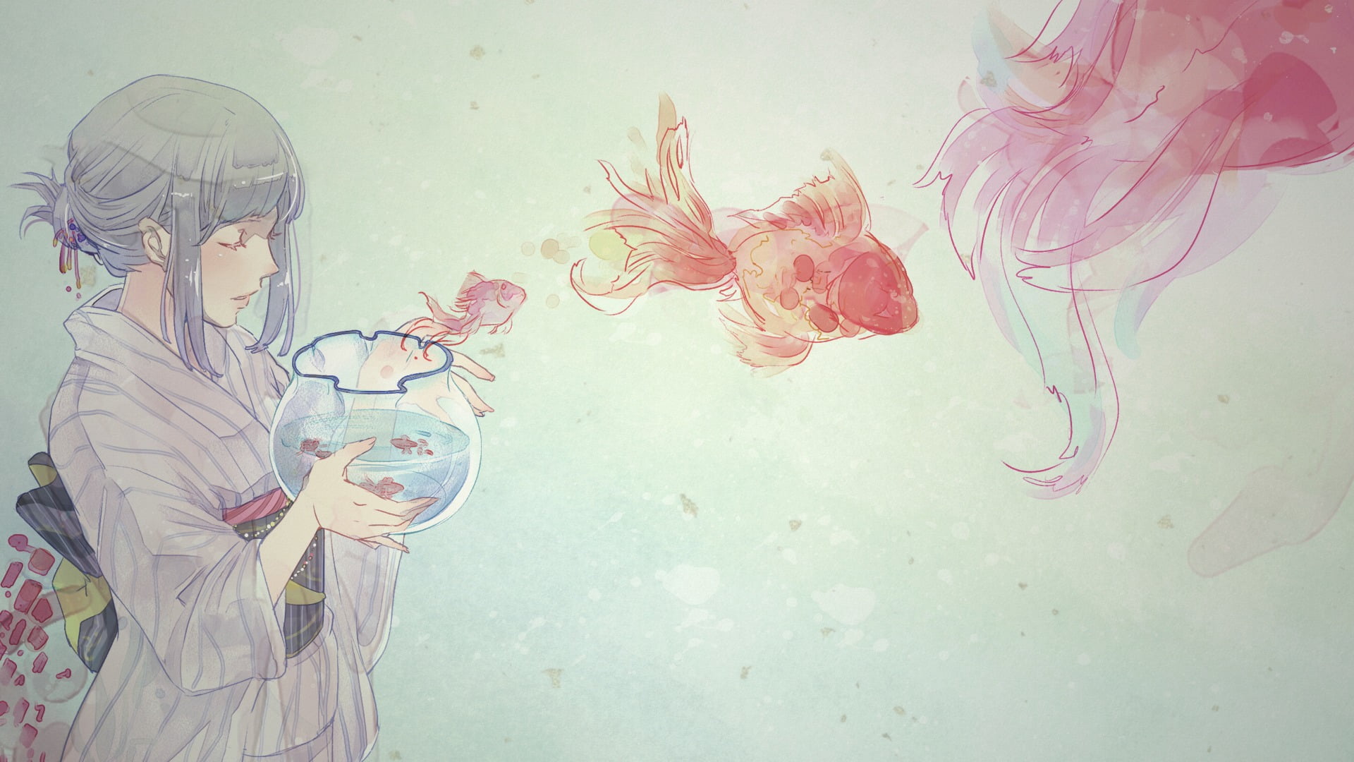 colorful, glass - material, animal wildlife, anime girls, 1080P, one person, wall - building feature, fish, art and craft, marine, women, invertebrate, HD Wallpaper