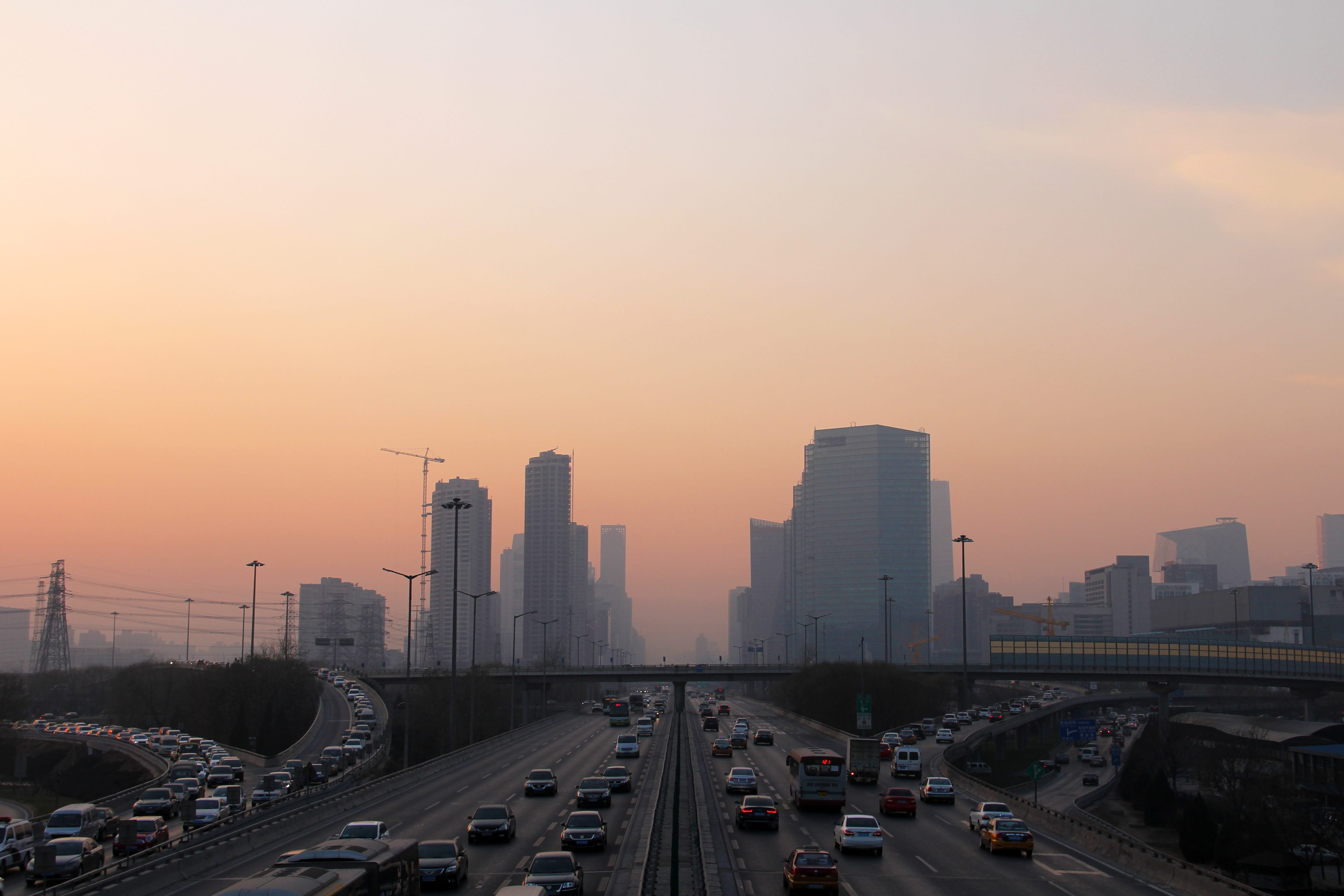 multiple lane highway, built structure, transportation, sky, city, tall - high, nature, Morning Sun, landscape, tower, building, highway, traffic, big city, HD Wallpaper