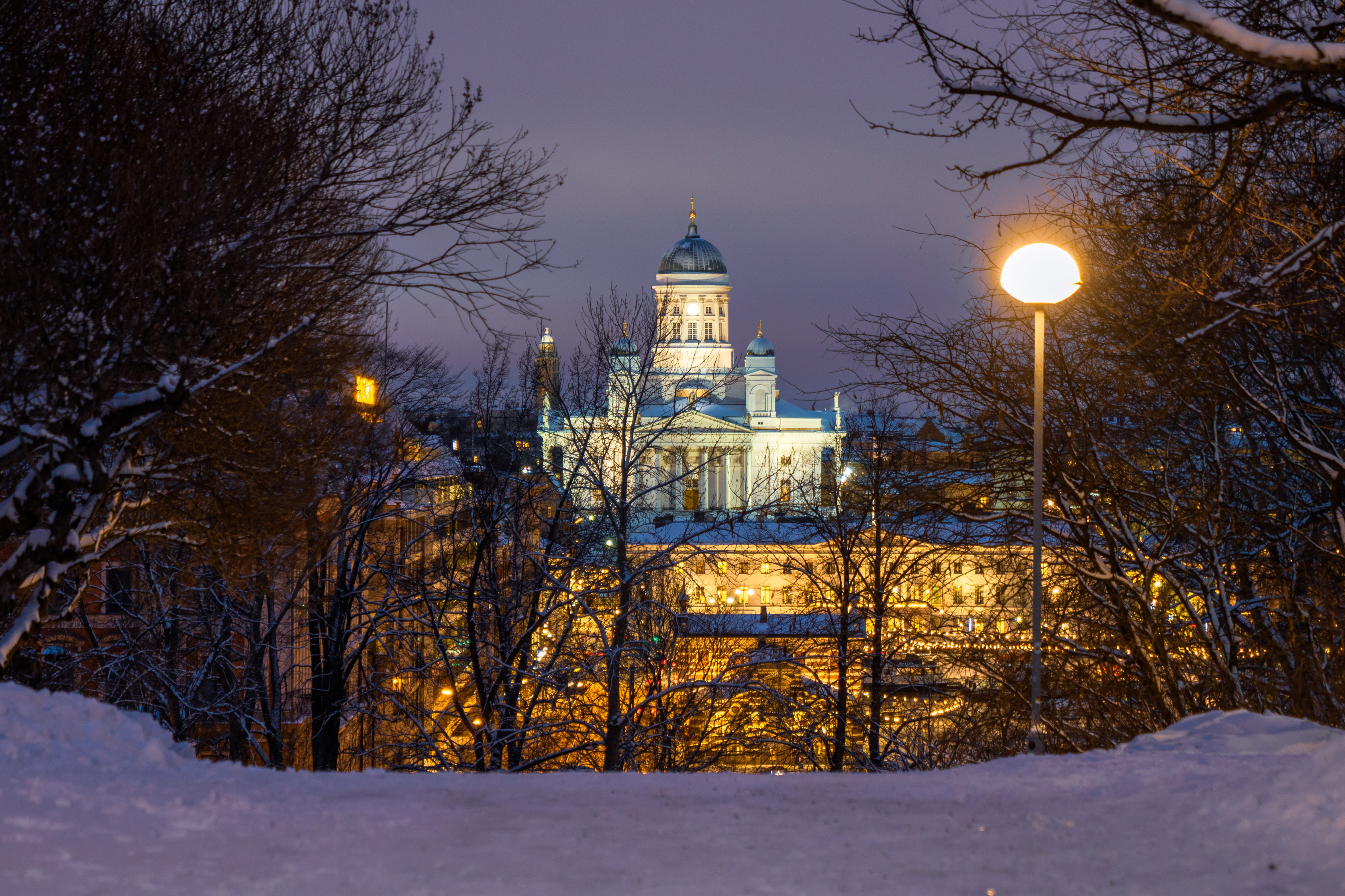 dome, snow, dusk, architecture, building, built structure, traffic light, outdoors, tower, sky, building exterior, nature, metropolis, finland, steeple, HD Wallpaper