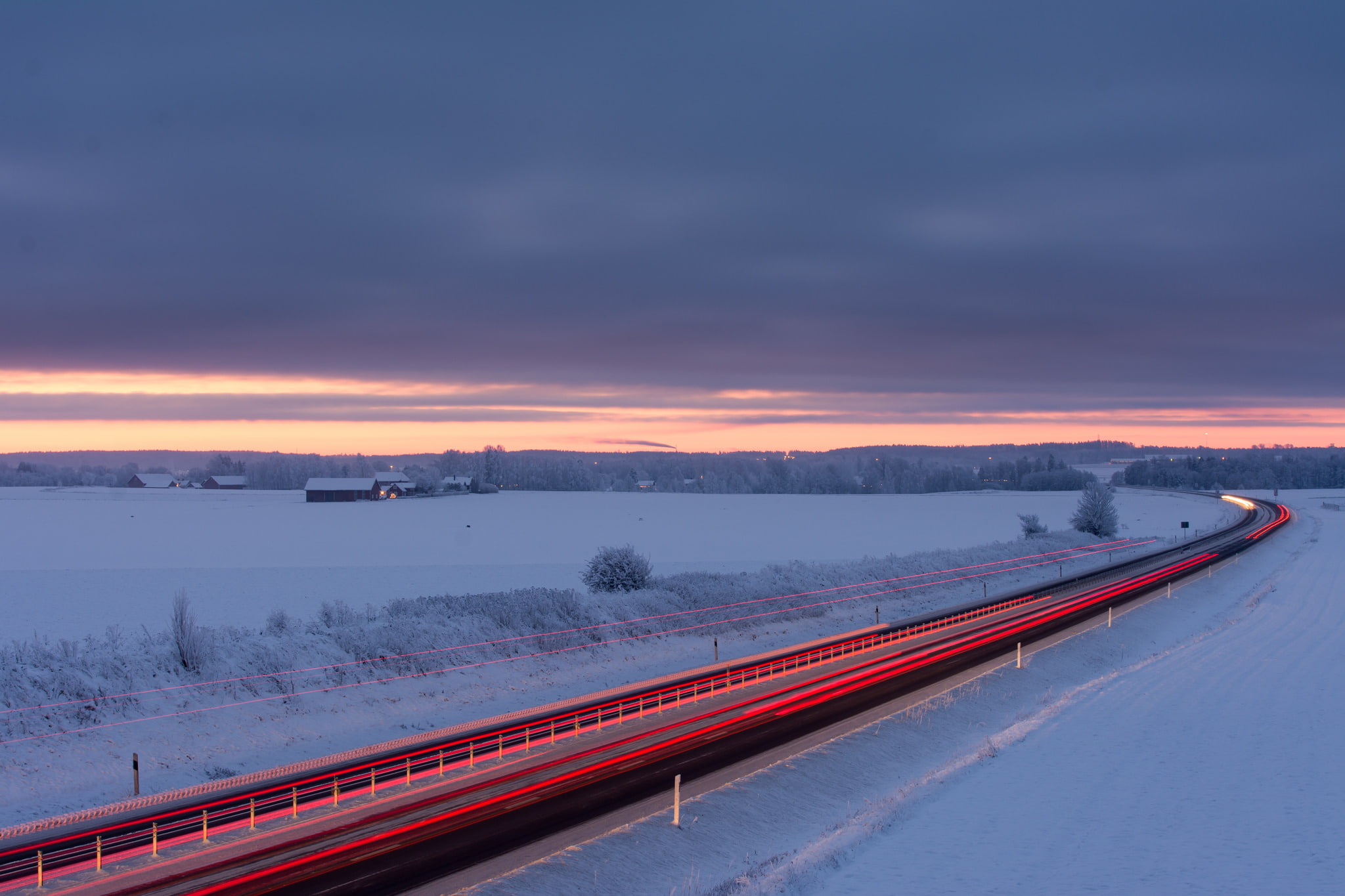 morning, winter, road, houses, Sweden, dawn, 1080P, excerpt, field, clouds, snow, the sky, traffic, HD Wallpaper