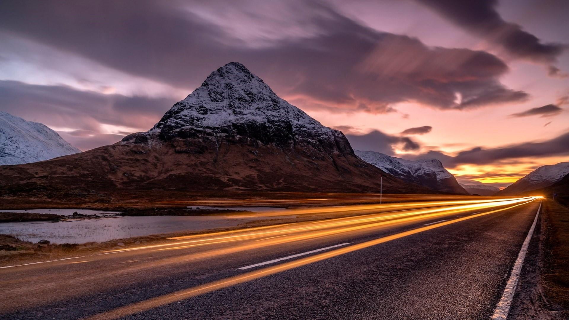 mountain, car light trails, highway, the way forward, morning, motorway, no people, scenics - nature, traffic, dawn, landscape, road trip, travel destinations, HD Wallpaper